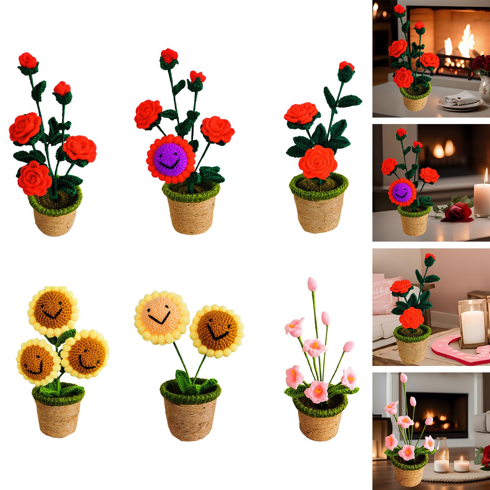 Crochet Potted Flower Eternal Blessing Handcrafted for Bathroom Desk Outdoor 5 rose