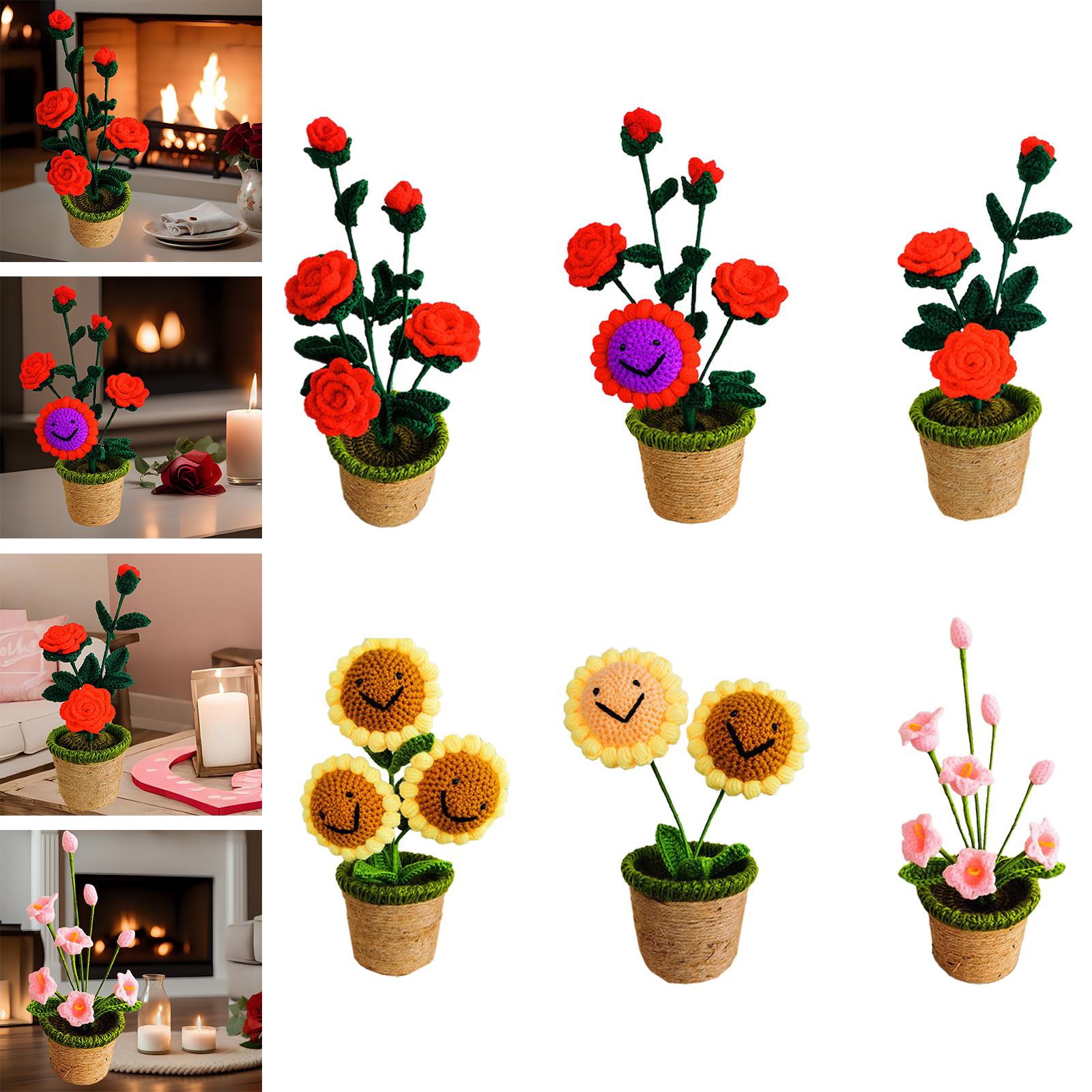 Crochet Potted Flower Eternal Blessing Handcrafted for Bathroom Desk Outdoor 5 rose