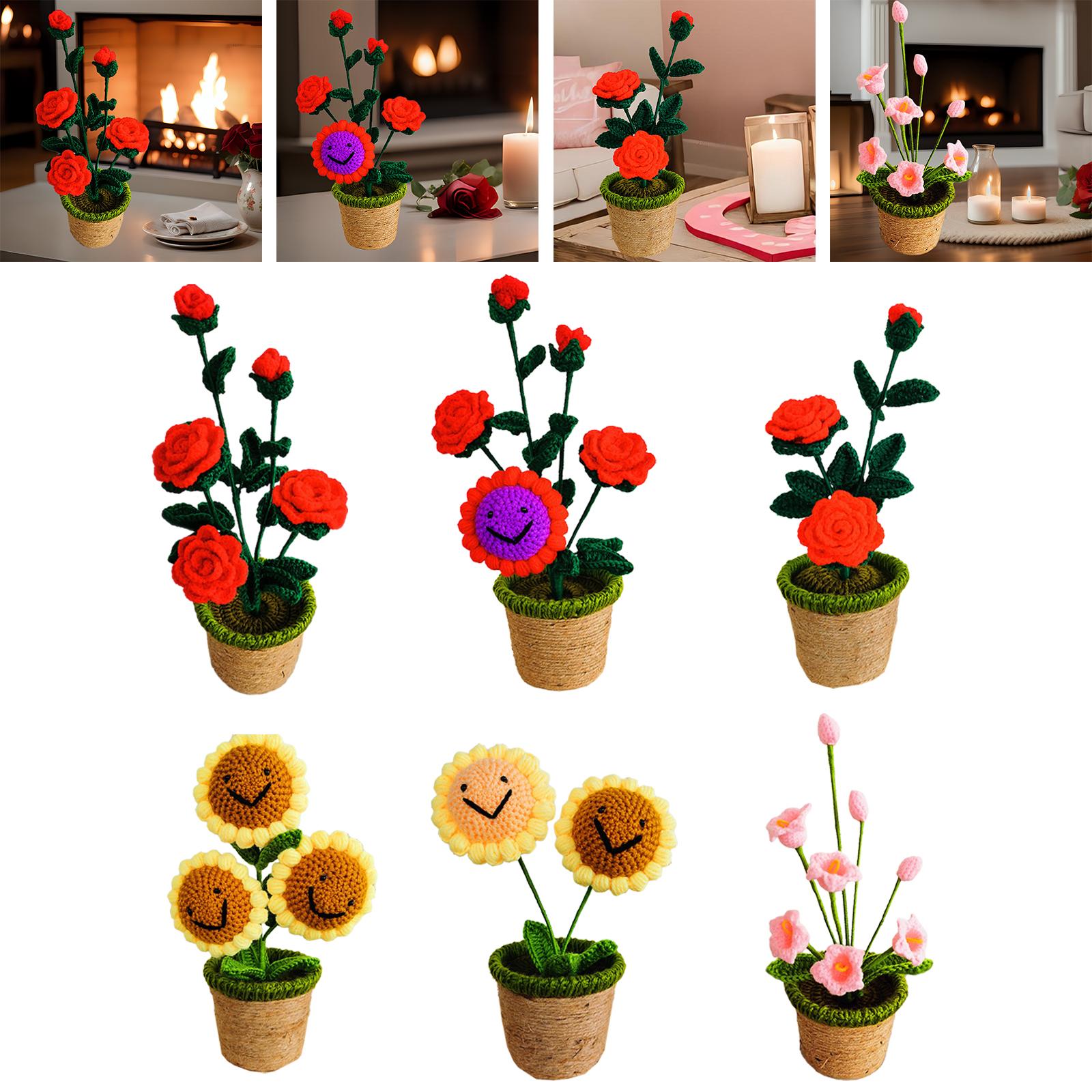 Crochet Potted Flower Eternal Blessing Handcrafted for Bathroom Desk Outdoor 5 rose