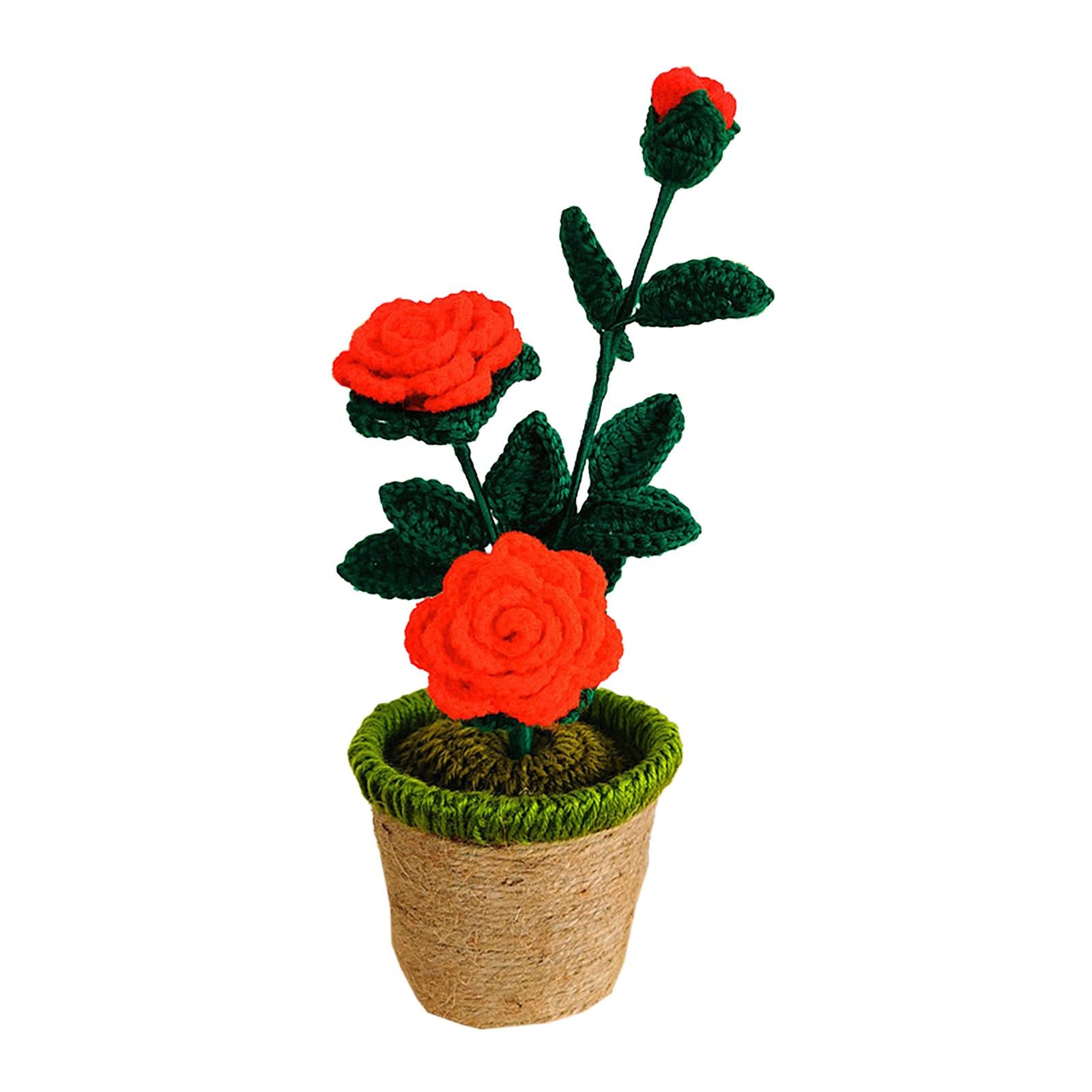 Crochet Potted Flower Eternal Blessing Handcrafted for Bathroom Desk Outdoor 3 rose