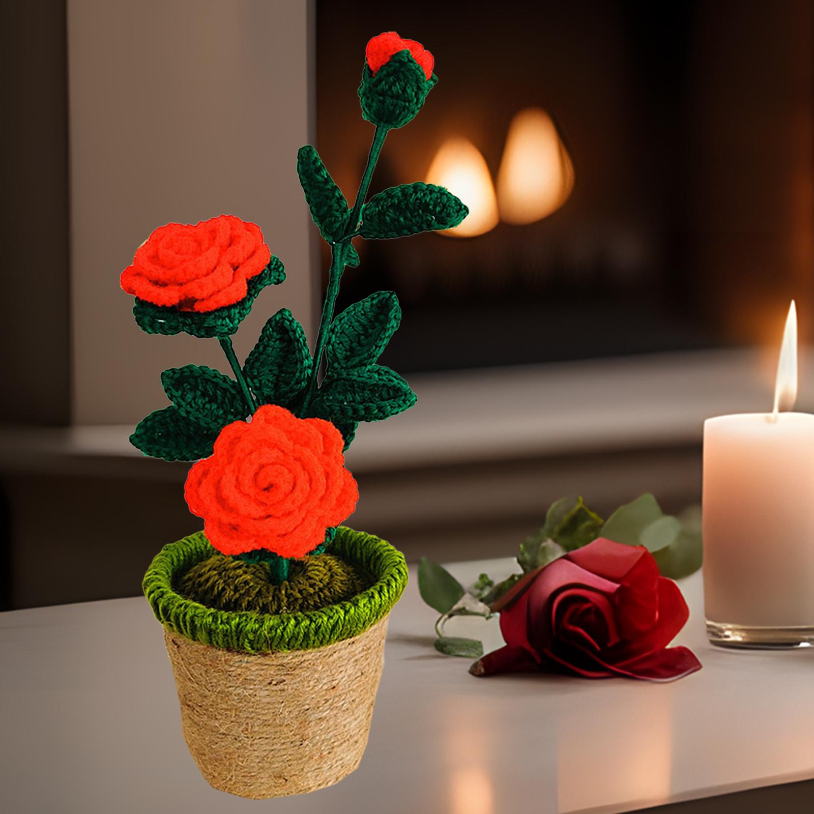 Crochet Potted Flower Eternal Blessing Handcrafted for Bathroom Desk Outdoor 3 rose
