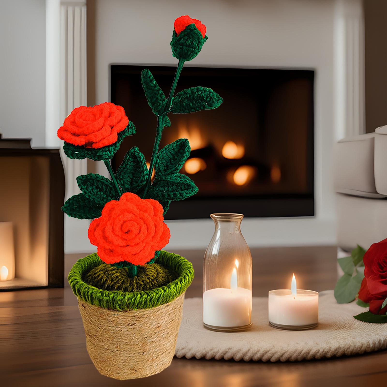 Crochet Potted Flower Eternal Blessing Handcrafted for Bathroom Desk Outdoor 3 rose