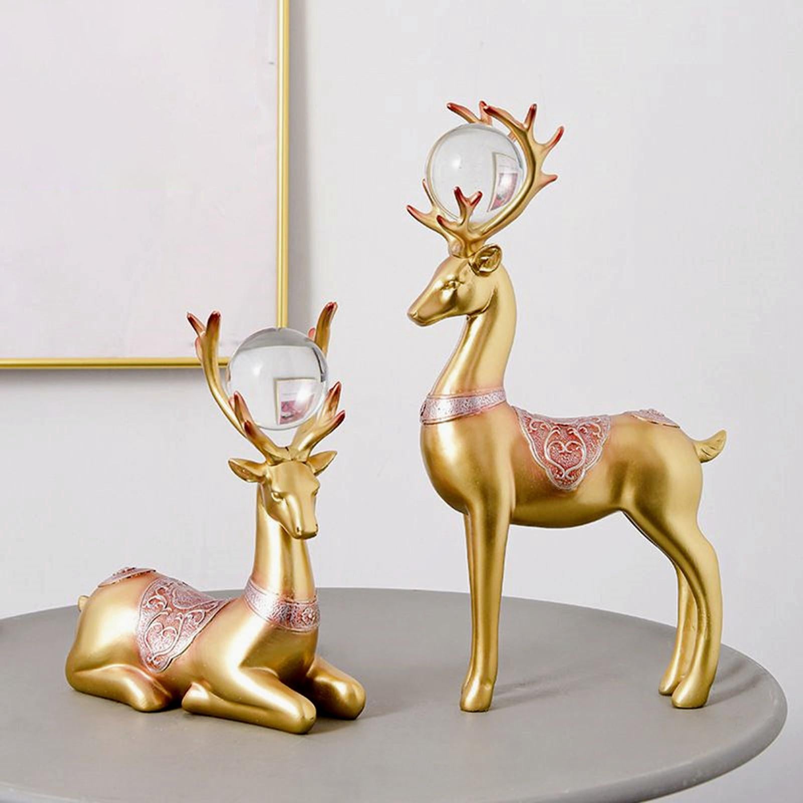 2x Deer Statues Modern Resin Desktop Ornament for Fireplace Desk Living Room Gold Red