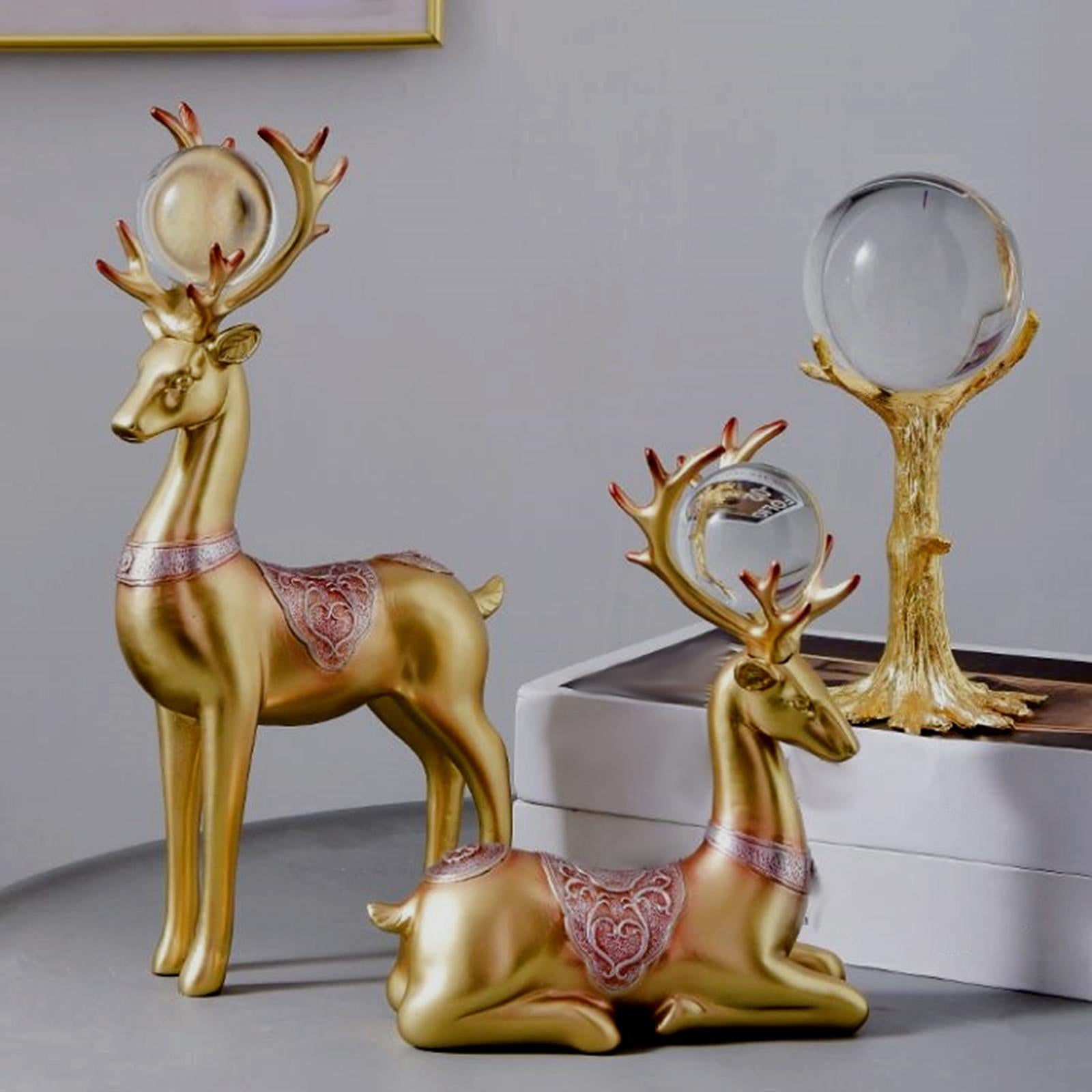 2x Deer Statues Modern Resin Desktop Ornament for Fireplace Desk Living Room Gold Red