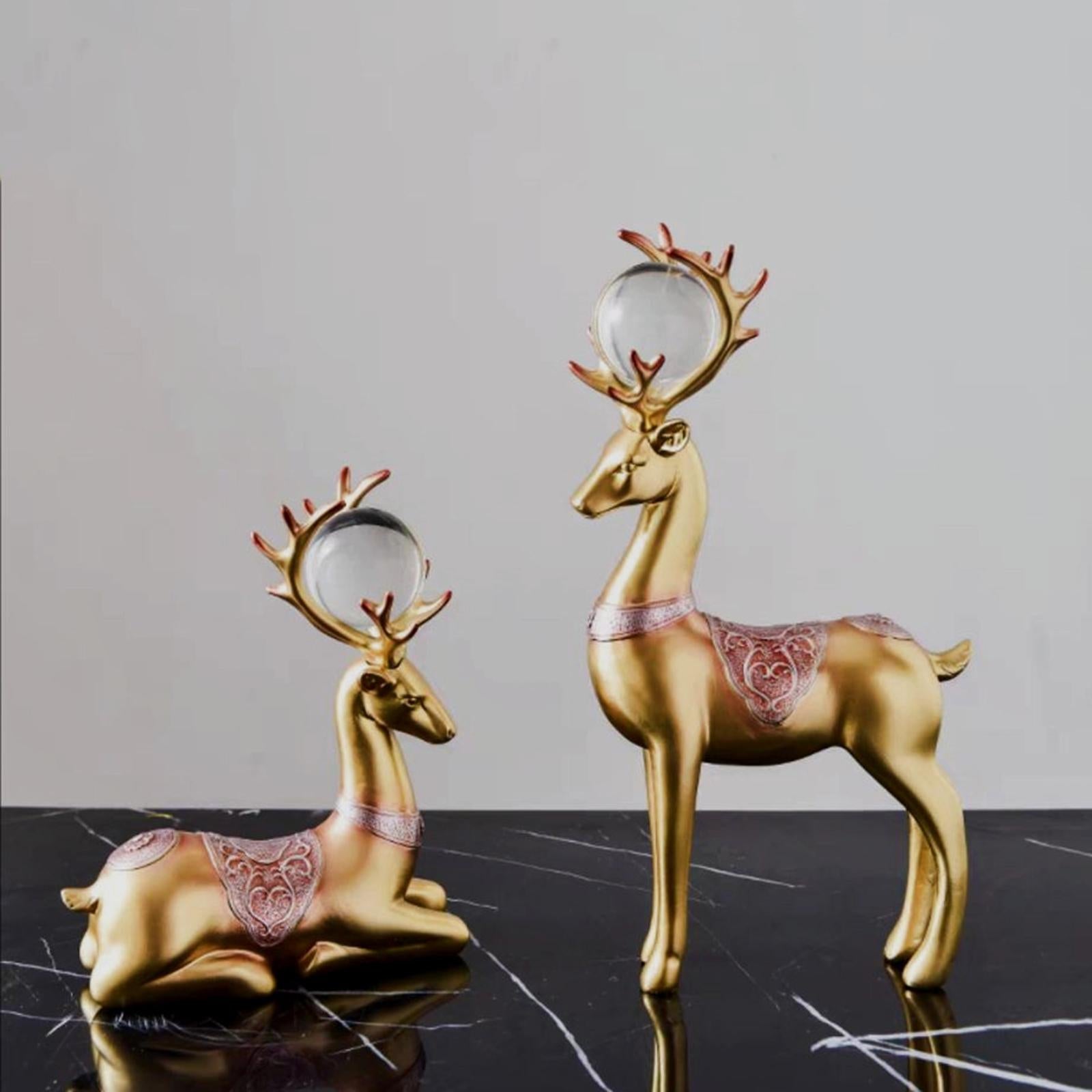 2x Deer Statues Modern Resin Desktop Ornament for Fireplace Desk Living Room Gold Red