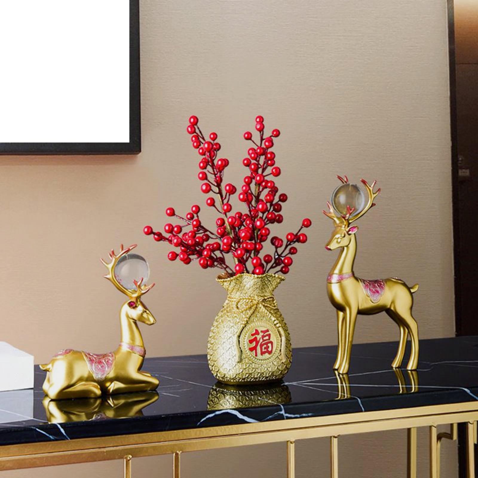 2x Deer Statues Modern Resin Desktop Ornament for Fireplace Desk Living Room Gold Red