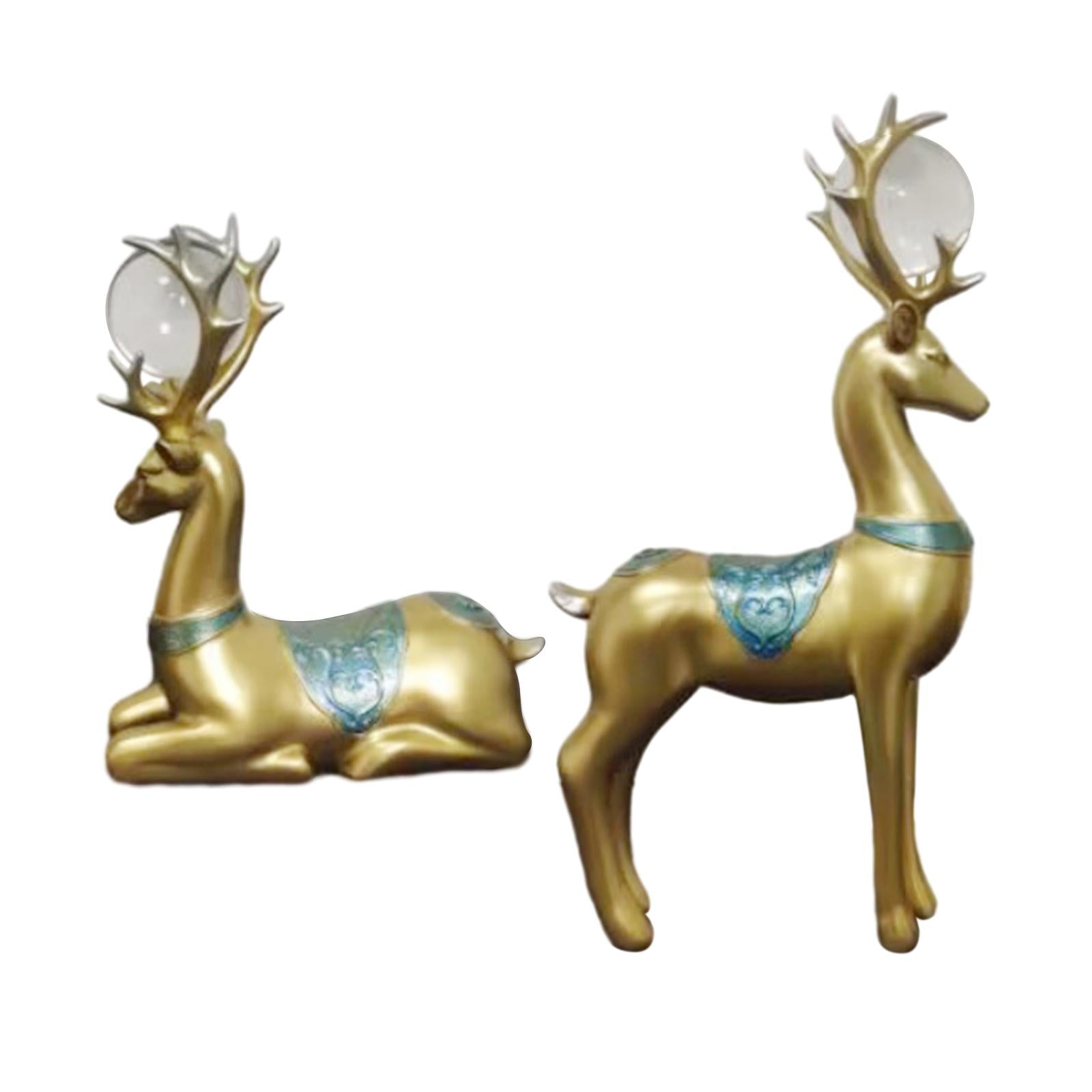 2x Deer Statues Modern Resin Desktop Ornament for Fireplace Desk Living Room Gold Blue