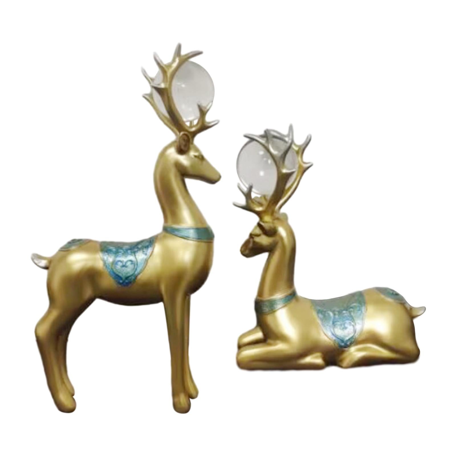 2x Deer Statues Modern Resin Desktop Ornament for Fireplace Desk Living Room Gold Blue