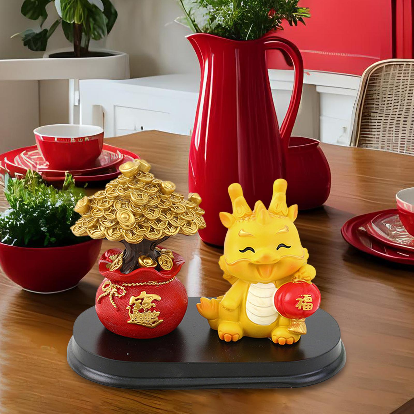 Chinese Dragon Statue with Money Tree Statue for New Year Birthday Gift Cafe Style D