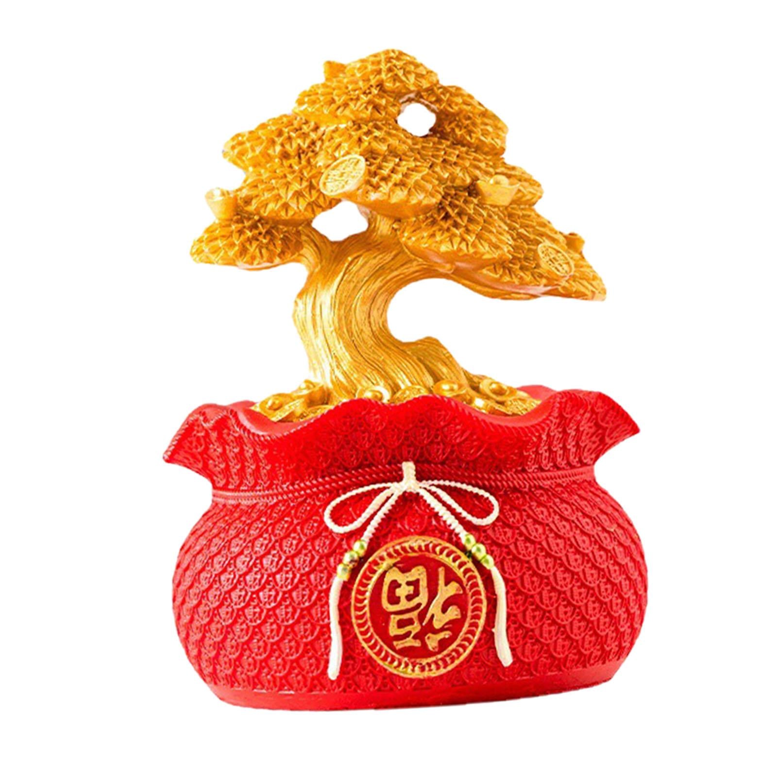 Money Bag Tree Figurine Lucky Piggy Bank Creative for Entrance Shelf Bedroom Red Gold