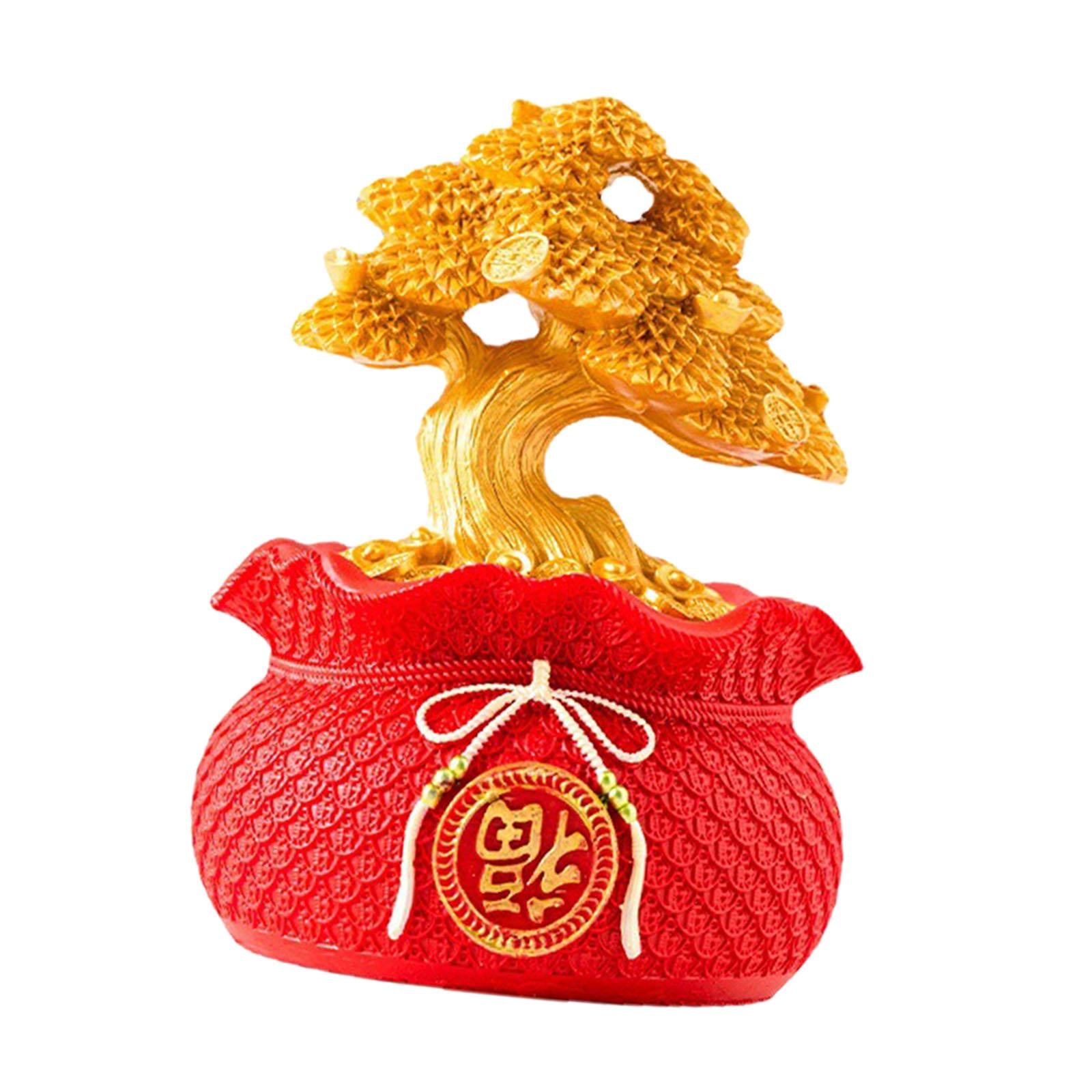 Money Bag Tree Figurine Lucky Piggy Bank Creative for Entrance Shelf Bedroom Red Gold