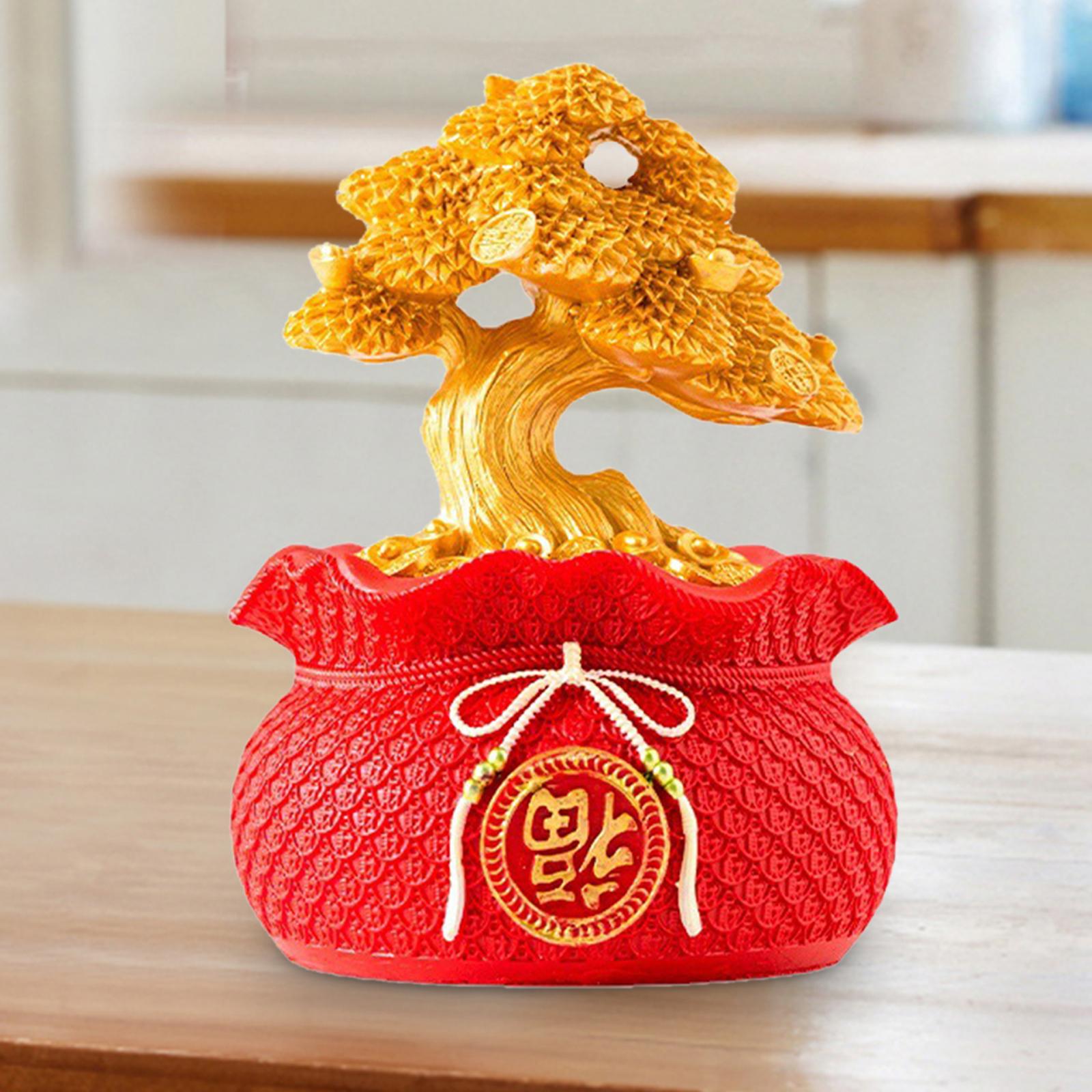 Money Bag Tree Figurine Lucky Piggy Bank Creative for Entrance Shelf Bedroom Red Gold