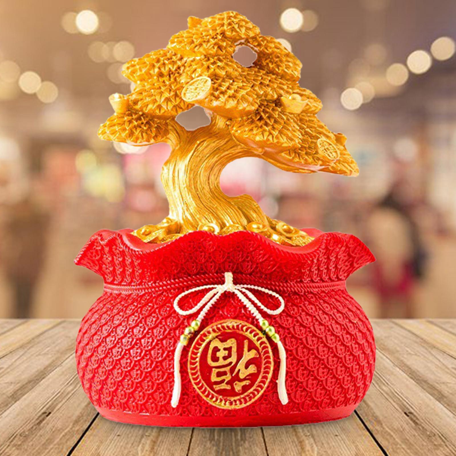 Money Bag Tree Figurine Lucky Piggy Bank Creative for Entrance Shelf Bedroom Red Gold