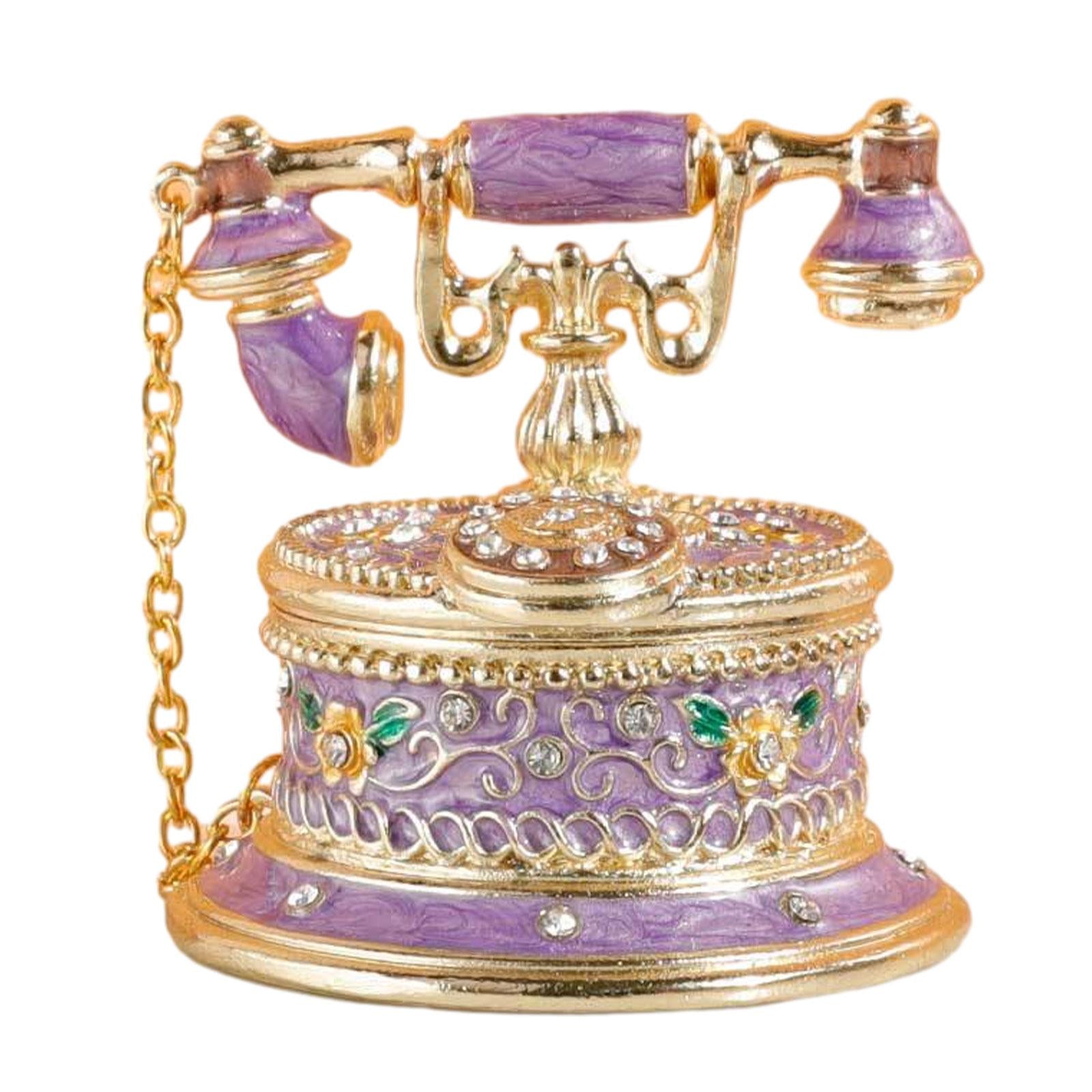 Jewelry Trinket Box Telephone Figurine Home Decor Sparkling Ring Holder Case purple