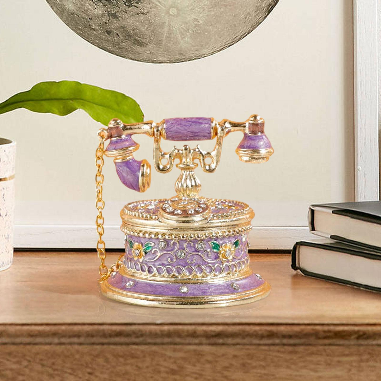 Jewelry Trinket Box Telephone Figurine Home Decor Sparkling Ring Holder Case purple