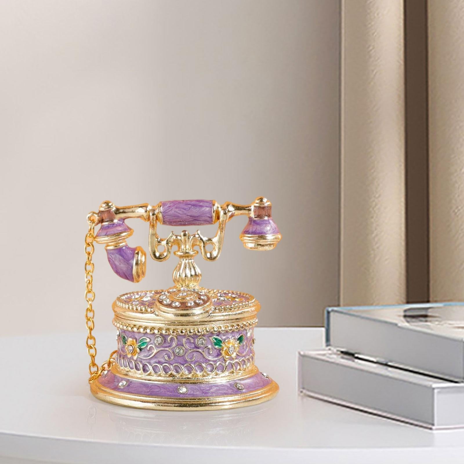 Jewelry Trinket Box Telephone Figurine Home Decor Sparkling Ring Holder Case purple