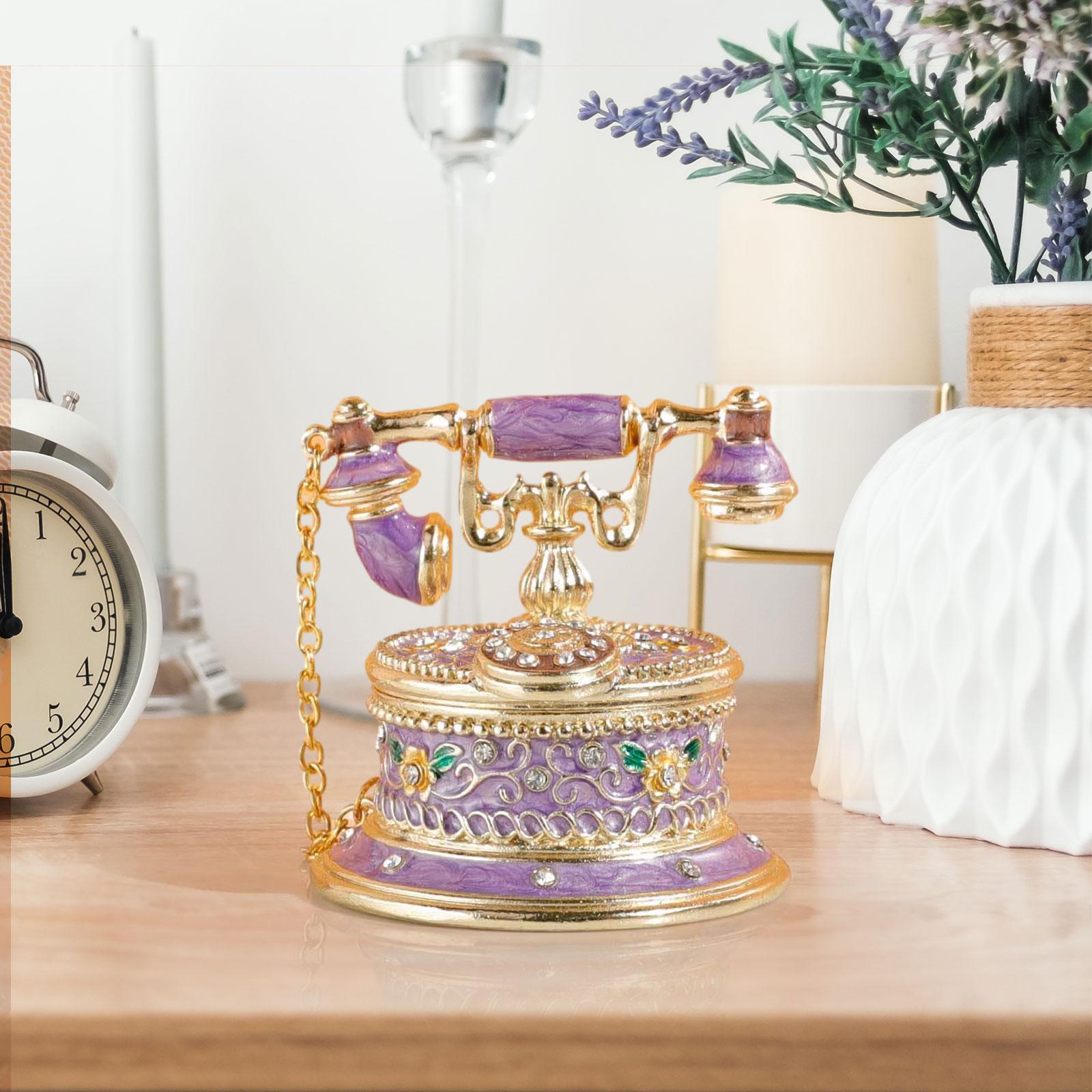 Jewelry Trinket Box Telephone Figurine Home Decor Sparkling Ring Holder Case purple
