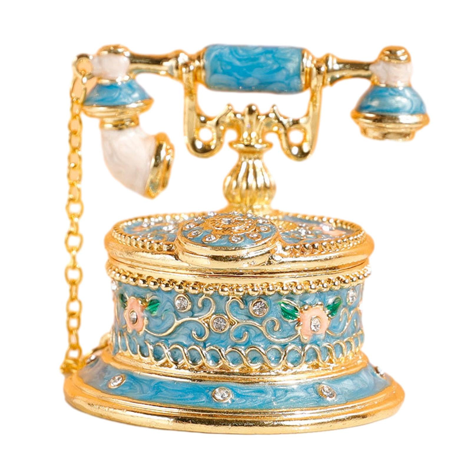 Jewelry Trinket Box Telephone Figurine Home Decor Sparkling Ring Holder Case blue