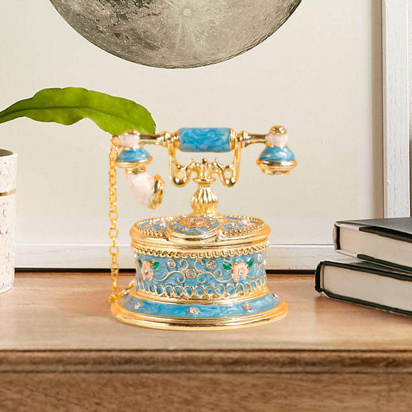 Jewelry Trinket Box Telephone Figurine Home Decor Sparkling Ring Holder Case blue