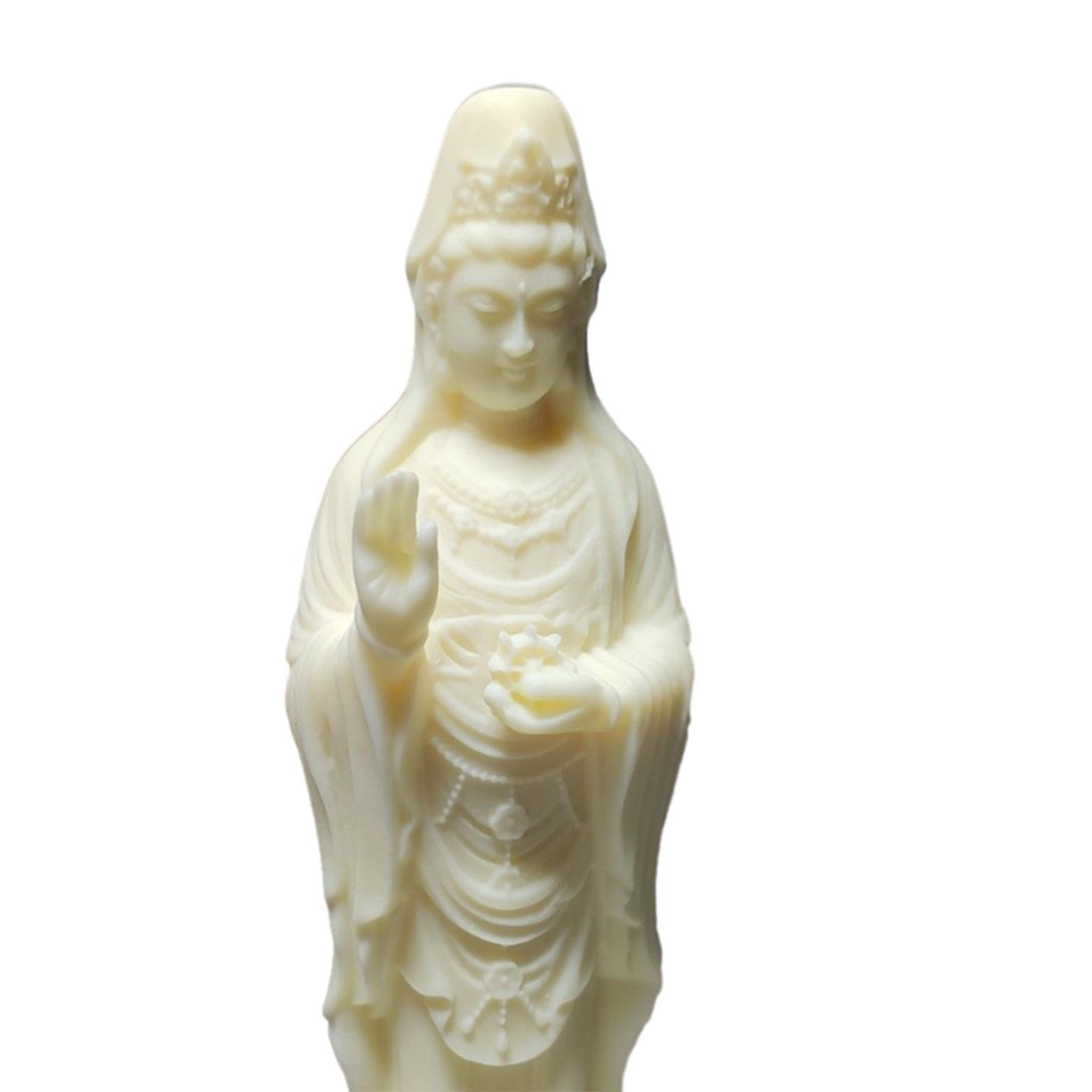 3xGuanyin Standing Statue Wood Carving Ornament Handmade for Housewarming Gift
