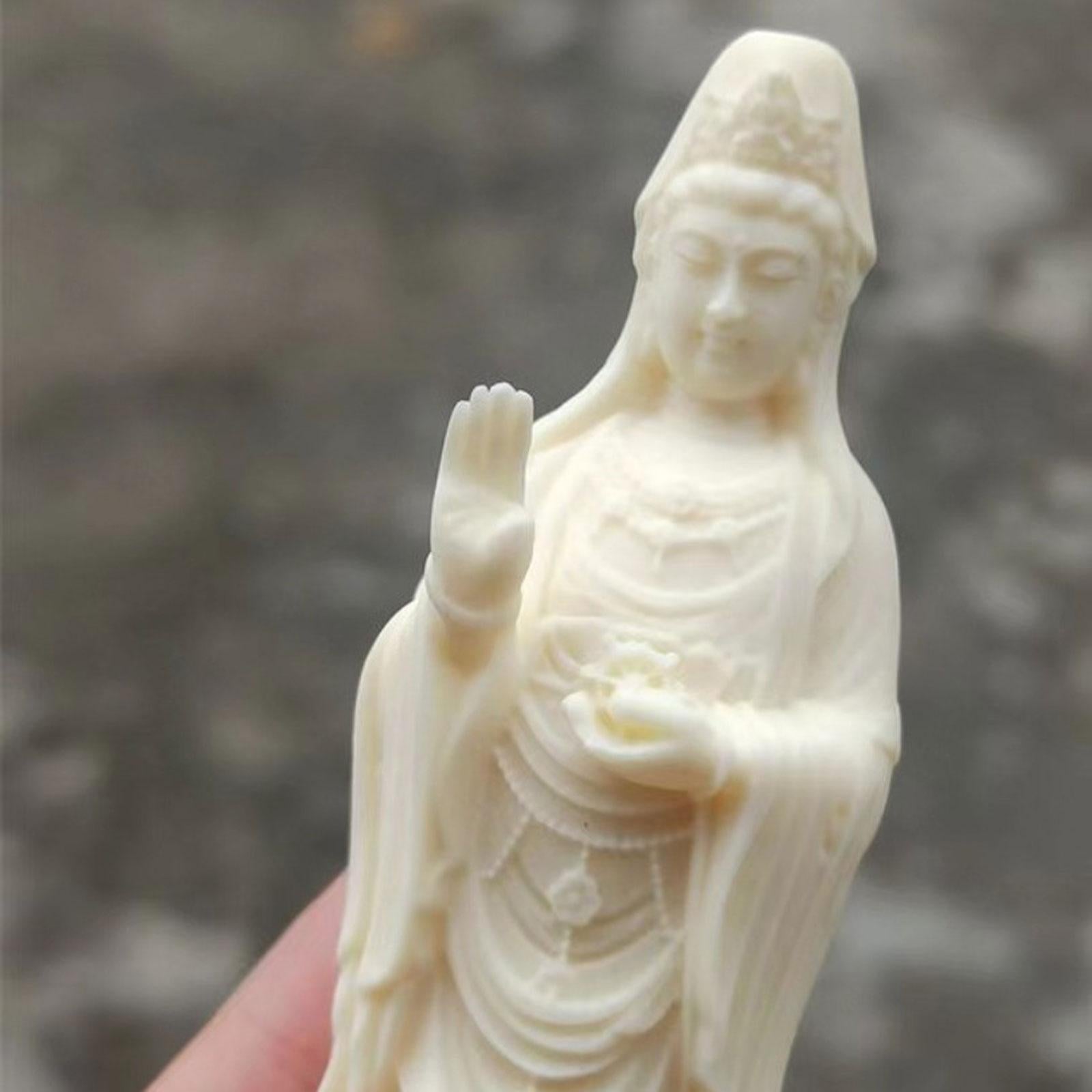 3xGuanyin Standing Statue Wood Carving Ornament Handmade for Housewarming Gift
