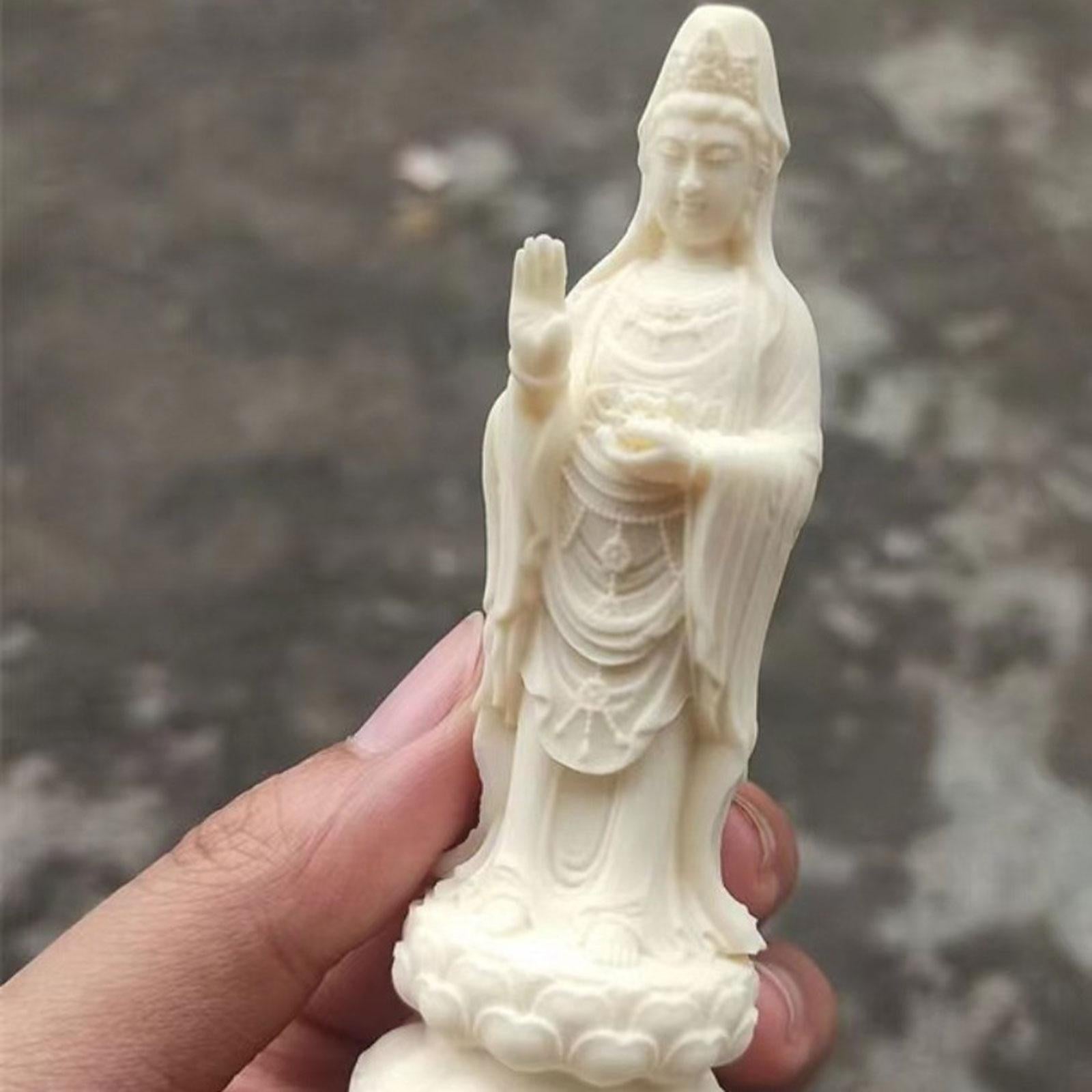 2xGuanyin Standing Statue Wood Carving Ornament Handmade for Housewarming Gift