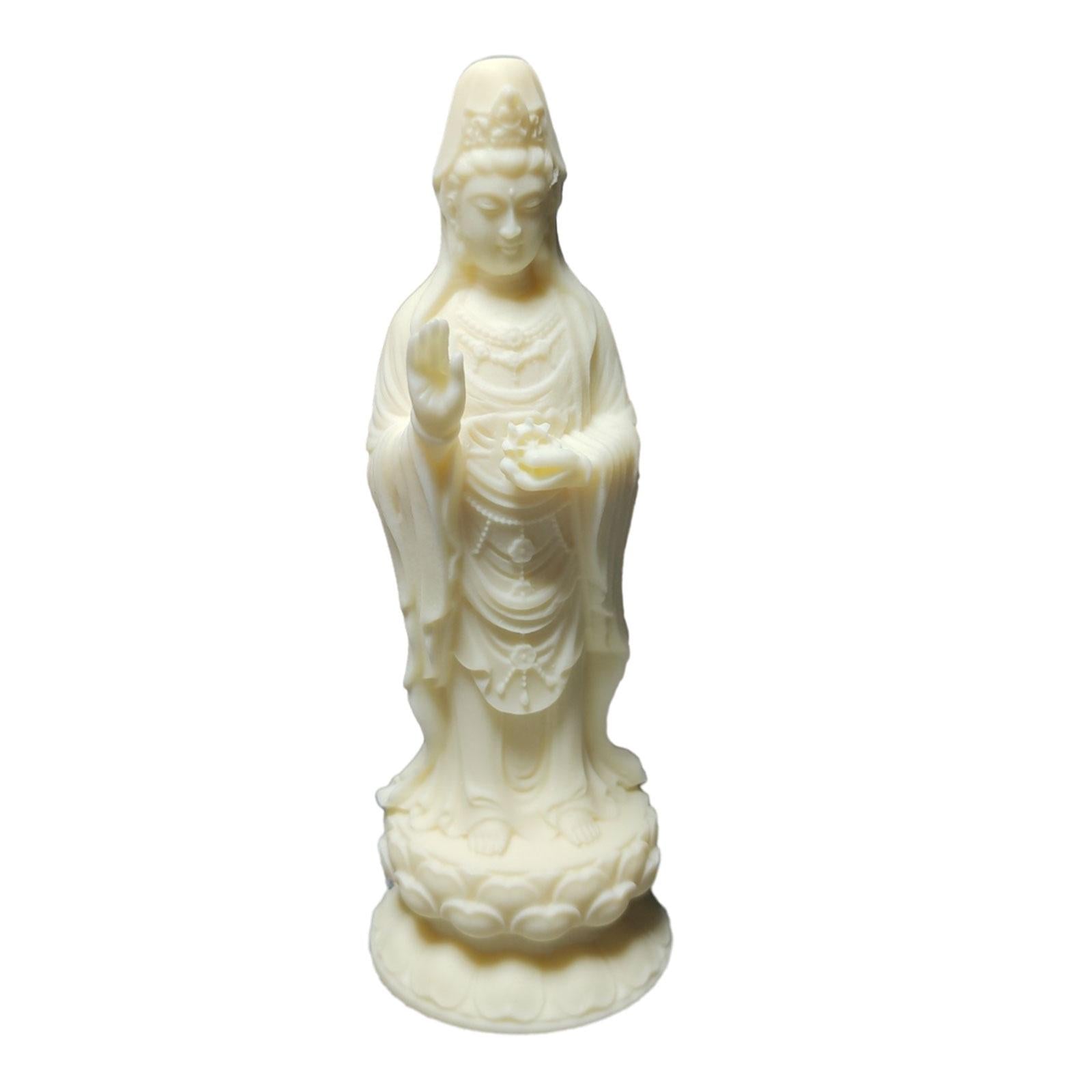 2xGuanyin Standing Statue Wood Carving Ornament Handmade for Housewarming Gift