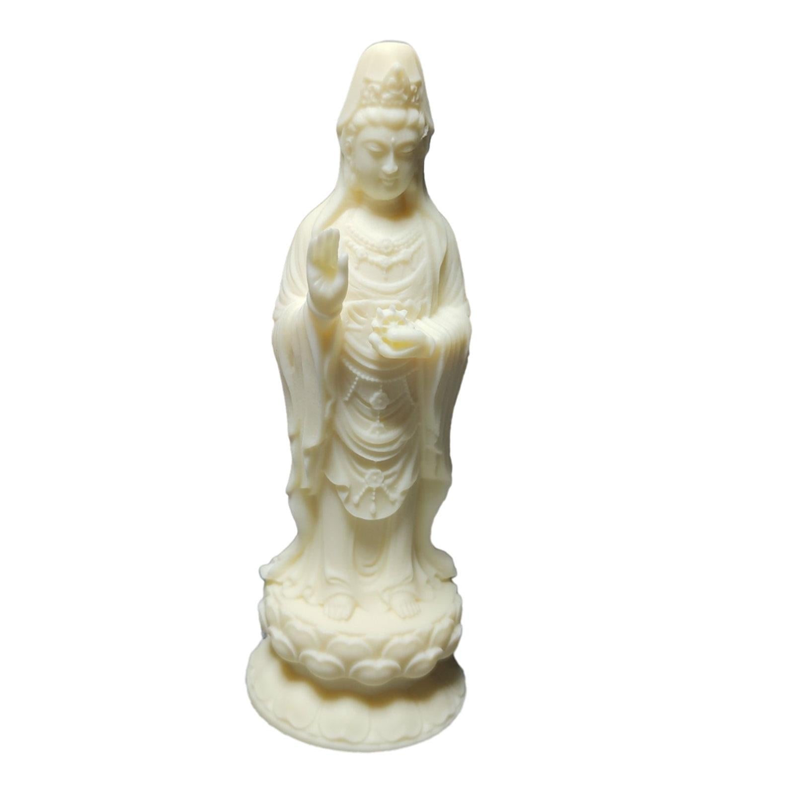 2xGuanyin Standing Statue Wood Carving Ornament Handmade for Housewarming Gift