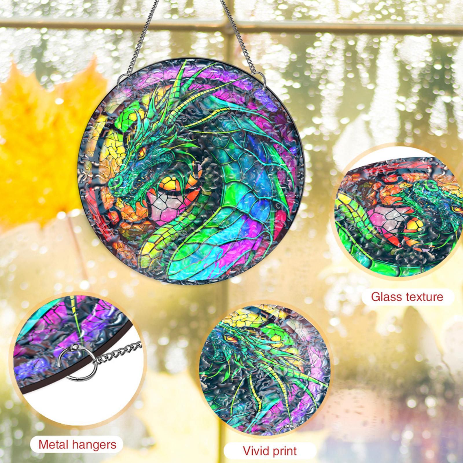 Dragon Ornament Stained Glass Window Hanging Panel for Door Bedroom Outdoor