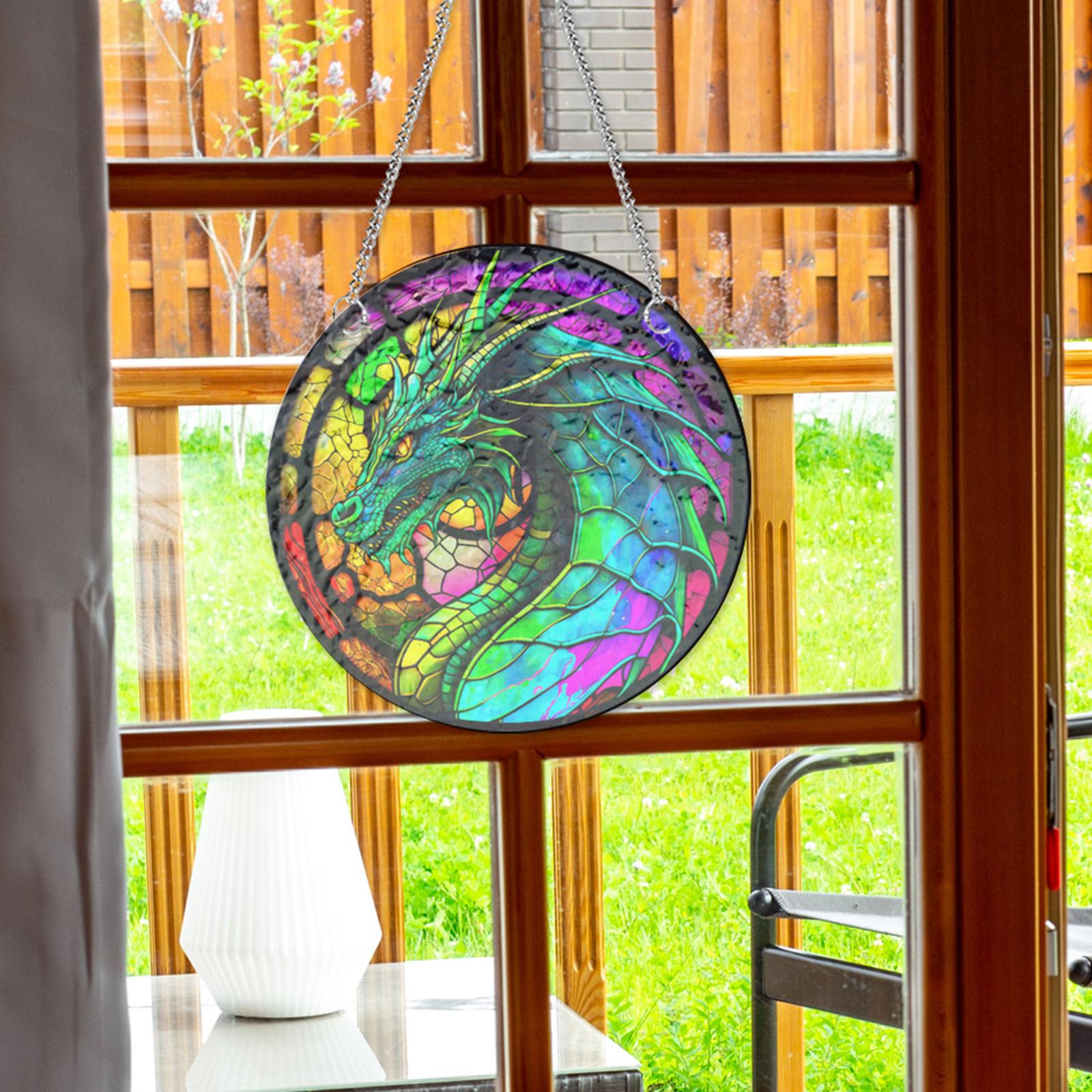 Dragon Ornament Stained Glass Window Hanging Panel for Door Bedroom Outdoor
