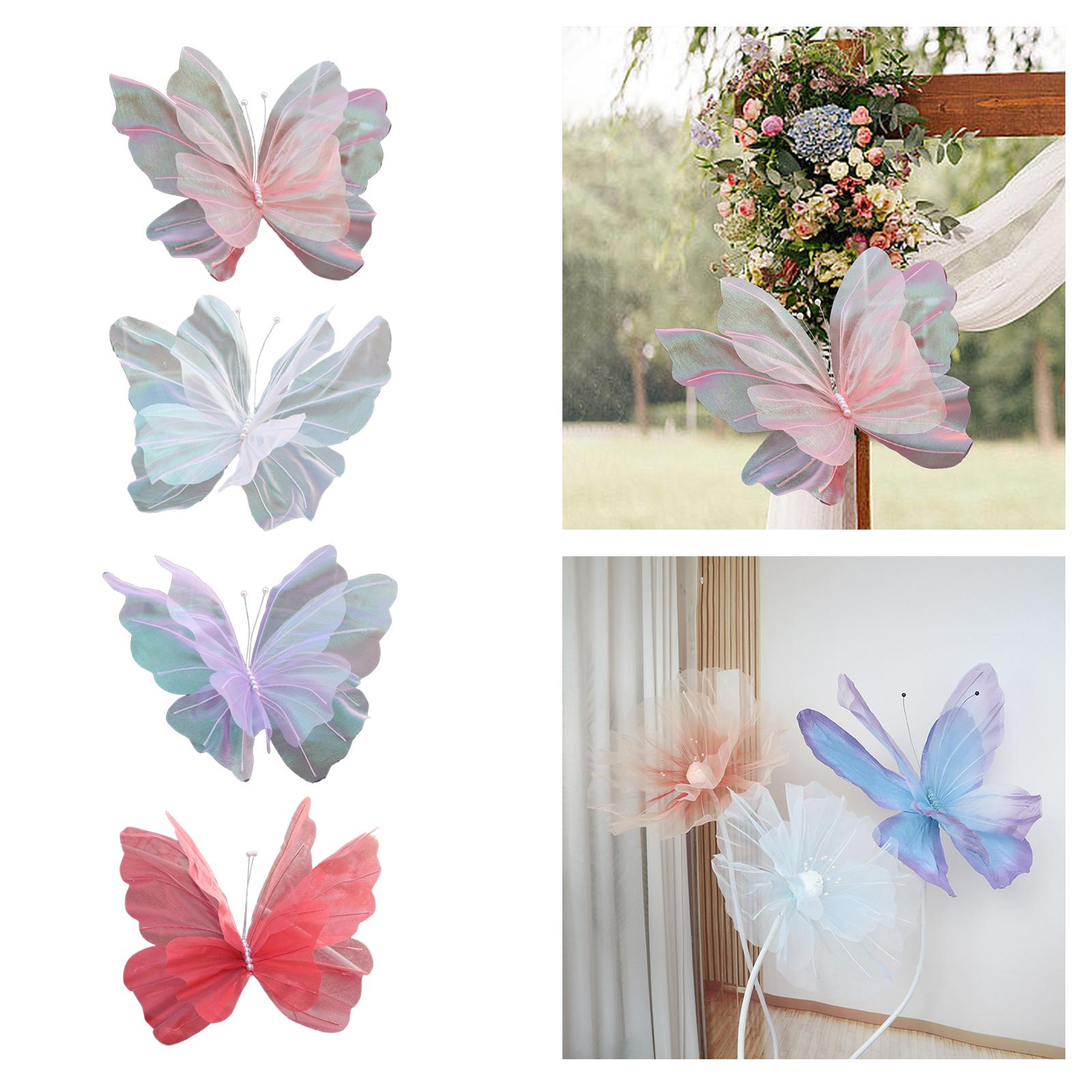 2xSilk Yarn Artificial Butterfly Giant Gauze Fake Butterfly for Wedding Crafts Pink