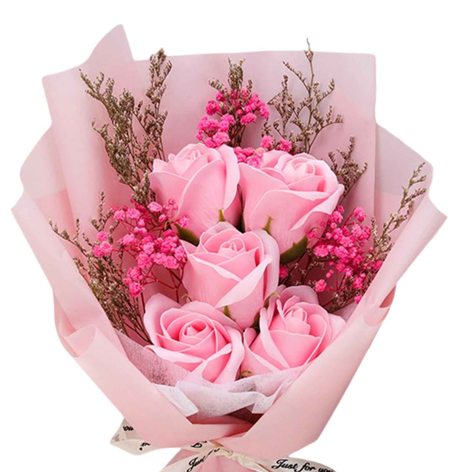 Artificial Soap Flower Bouquet Realistic Valentines Day Gift for Mothers Day Pink Rose
