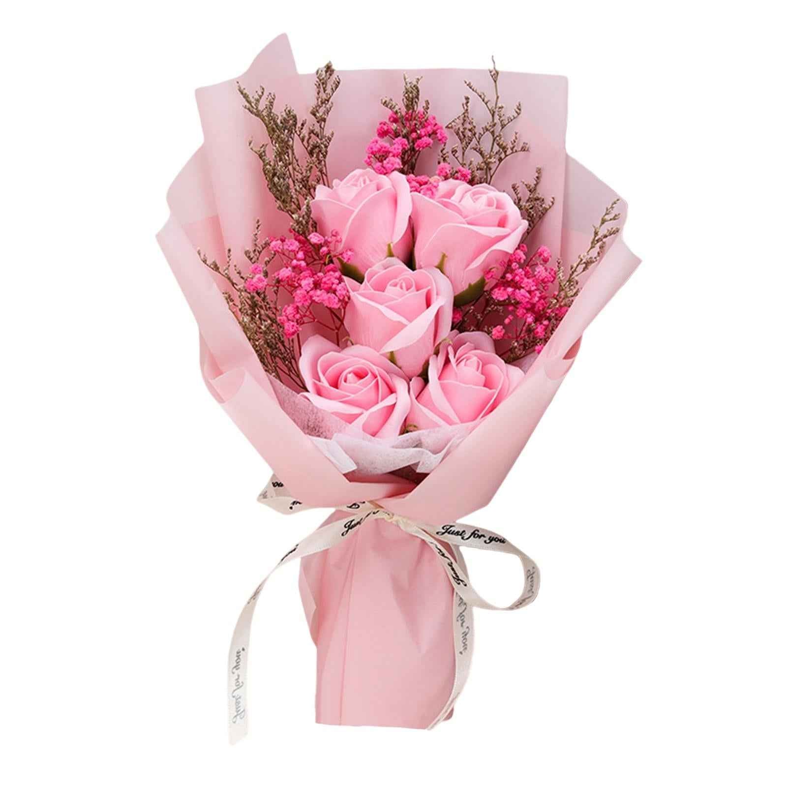 Artificial Soap Flower Bouquet Realistic Valentines Day Gift for Mothers Day Pink Rose