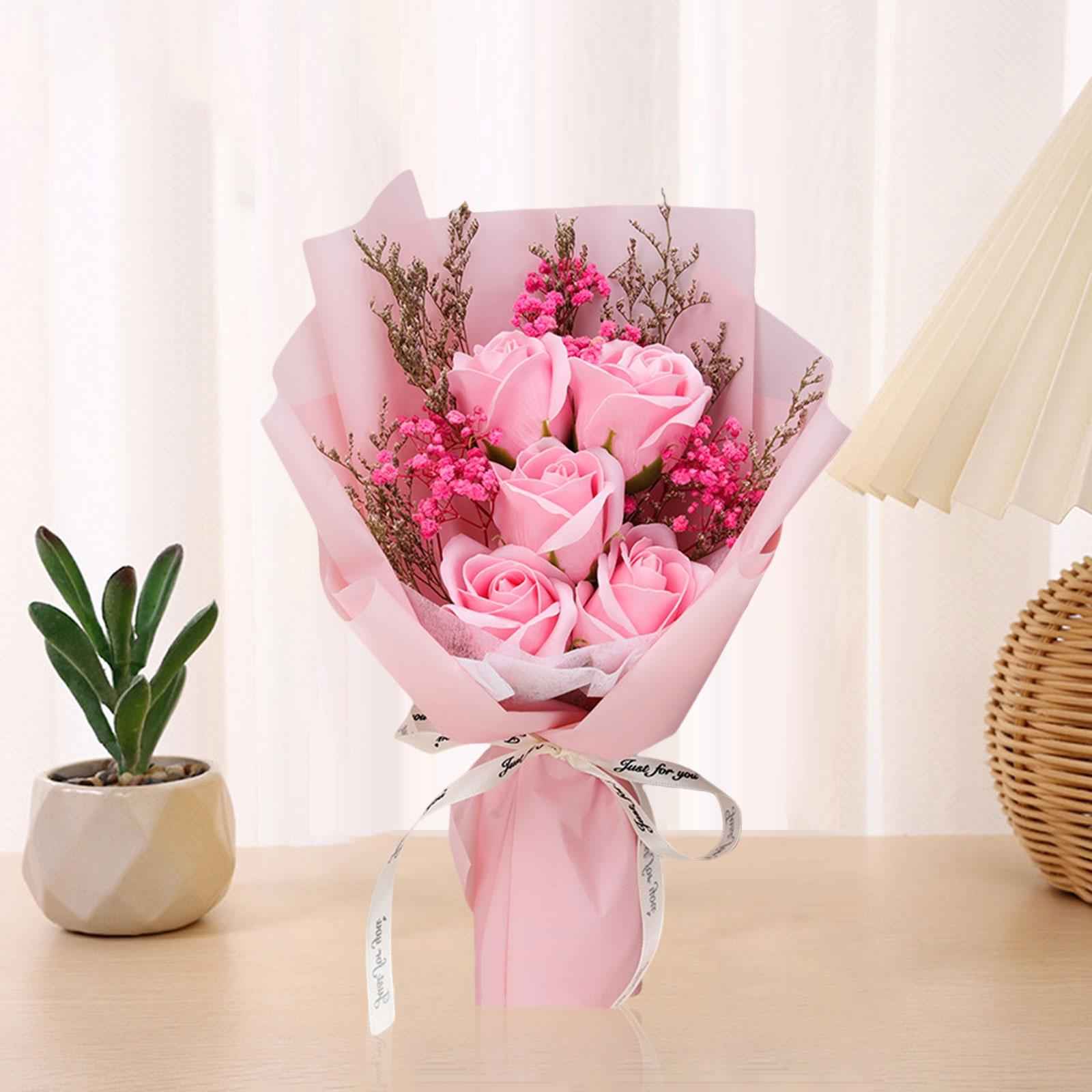 Artificial Soap Flower Bouquet Realistic Valentines Day Gift for Mothers Day Pink Rose