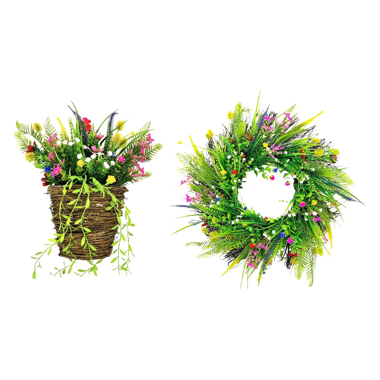 Front Door Hanging Basket Wreath Welcome Spring Sign Yard Artificial Flowers