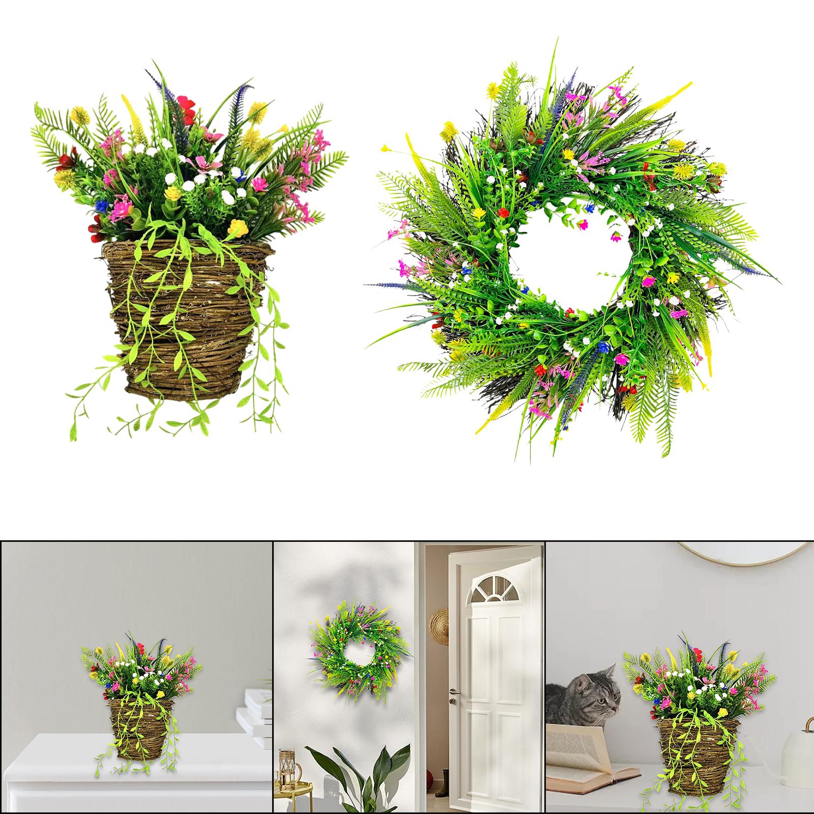 Front Door Hanging Basket Wreath Welcome Spring Sign Yard Artificial Flowers