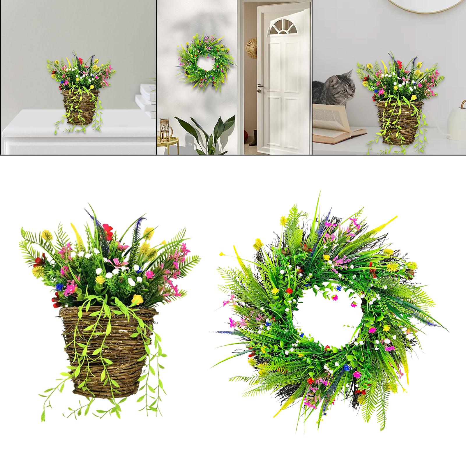 Front Door Hanging Basket Wreath Welcome Spring Sign Yard Artificial Flowers