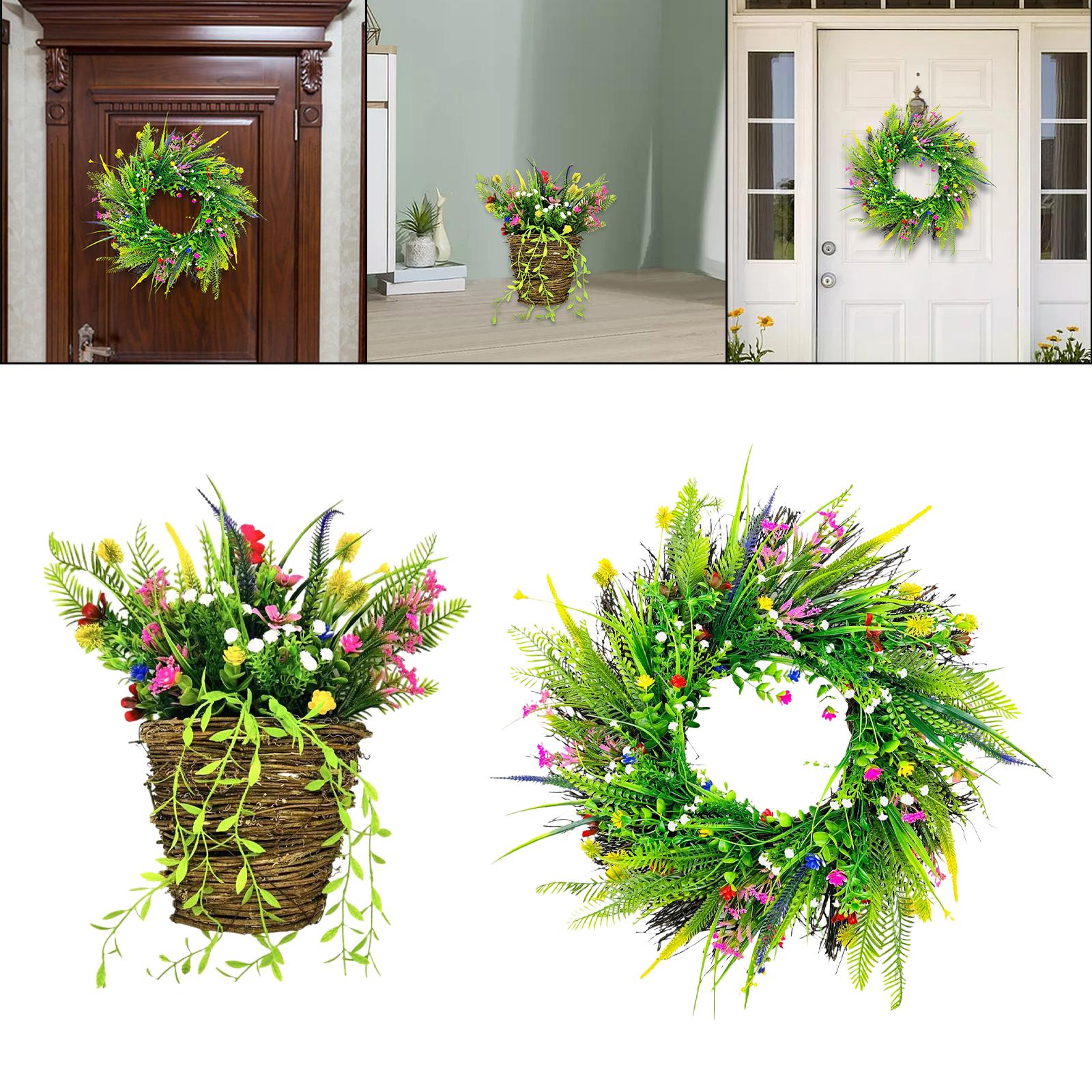 Front Door Hanging Basket Wreath Welcome Spring Sign Yard Artificial Flowers