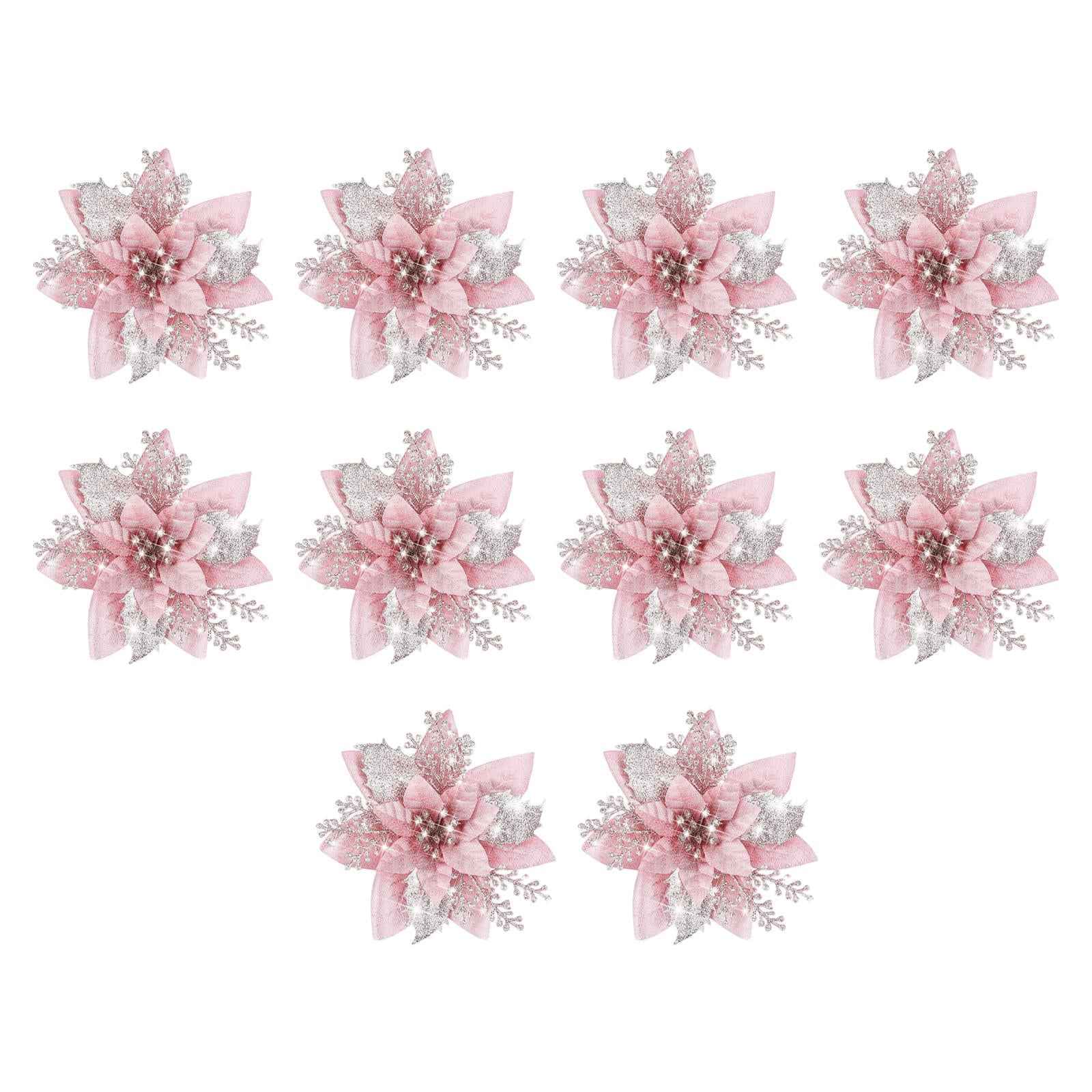 10Pcs Artificial Flowers Glitter Flowers Party Cemetery Christmas Poinsettia Pink
