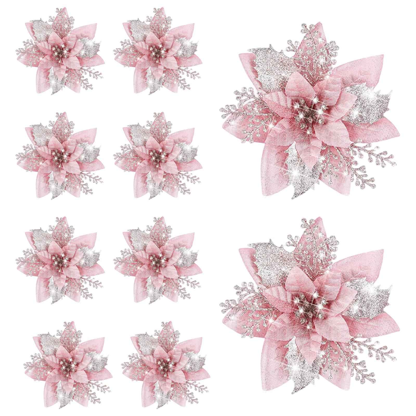 10Pcs Artificial Flowers Glitter Flowers Party Cemetery Christmas Poinsettia Pink