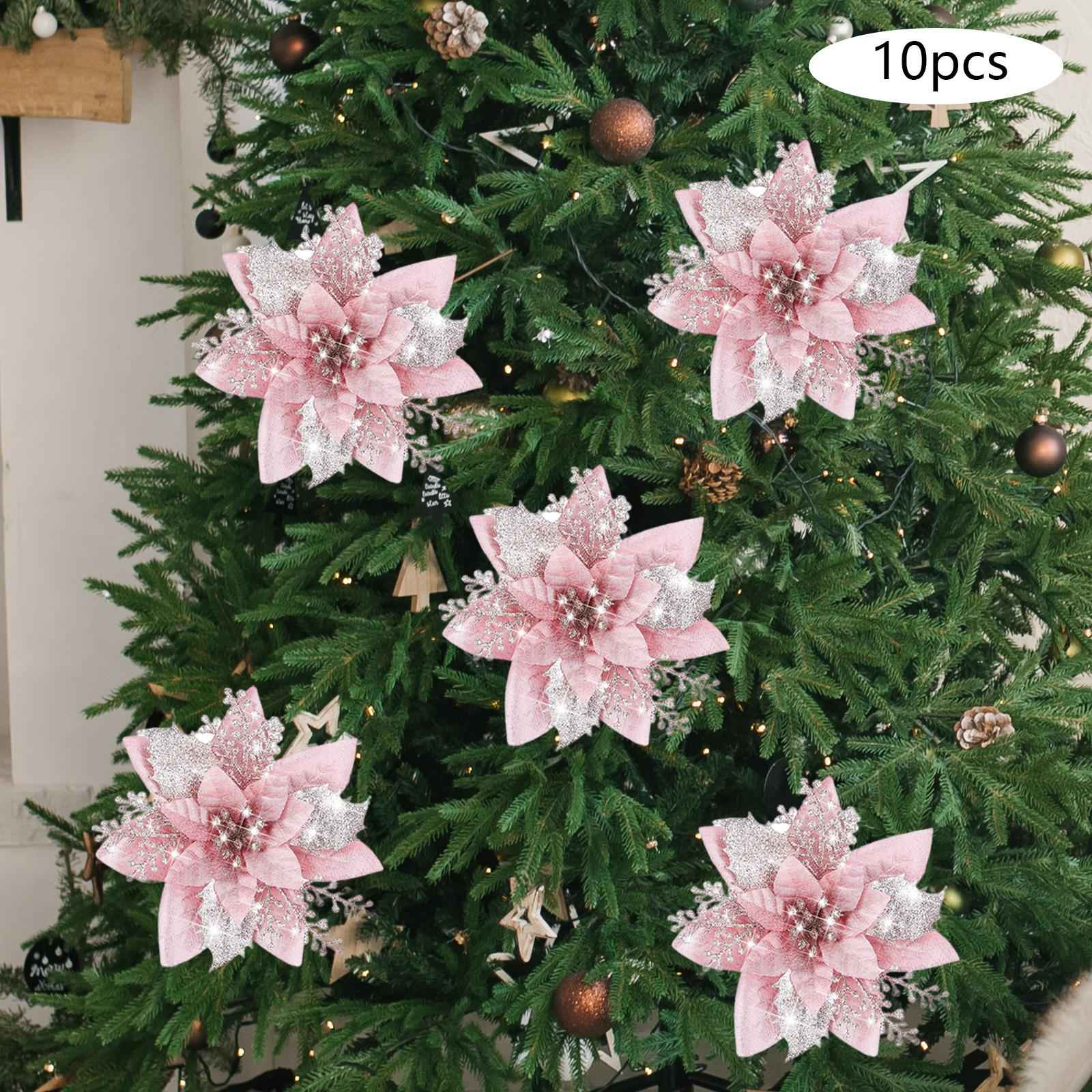 10Pcs Artificial Flowers Glitter Flowers Party Cemetery Christmas Poinsettia Pink