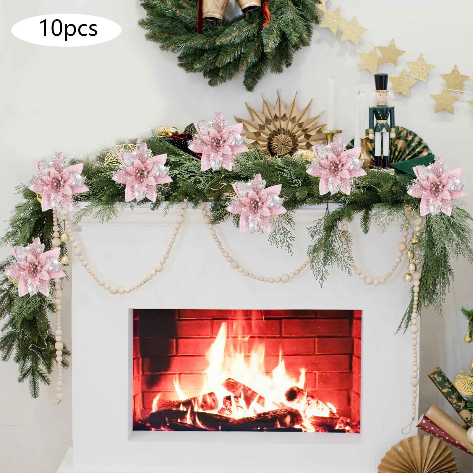 10Pcs Artificial Flowers Glitter Flowers Party Cemetery Christmas Poinsettia Pink