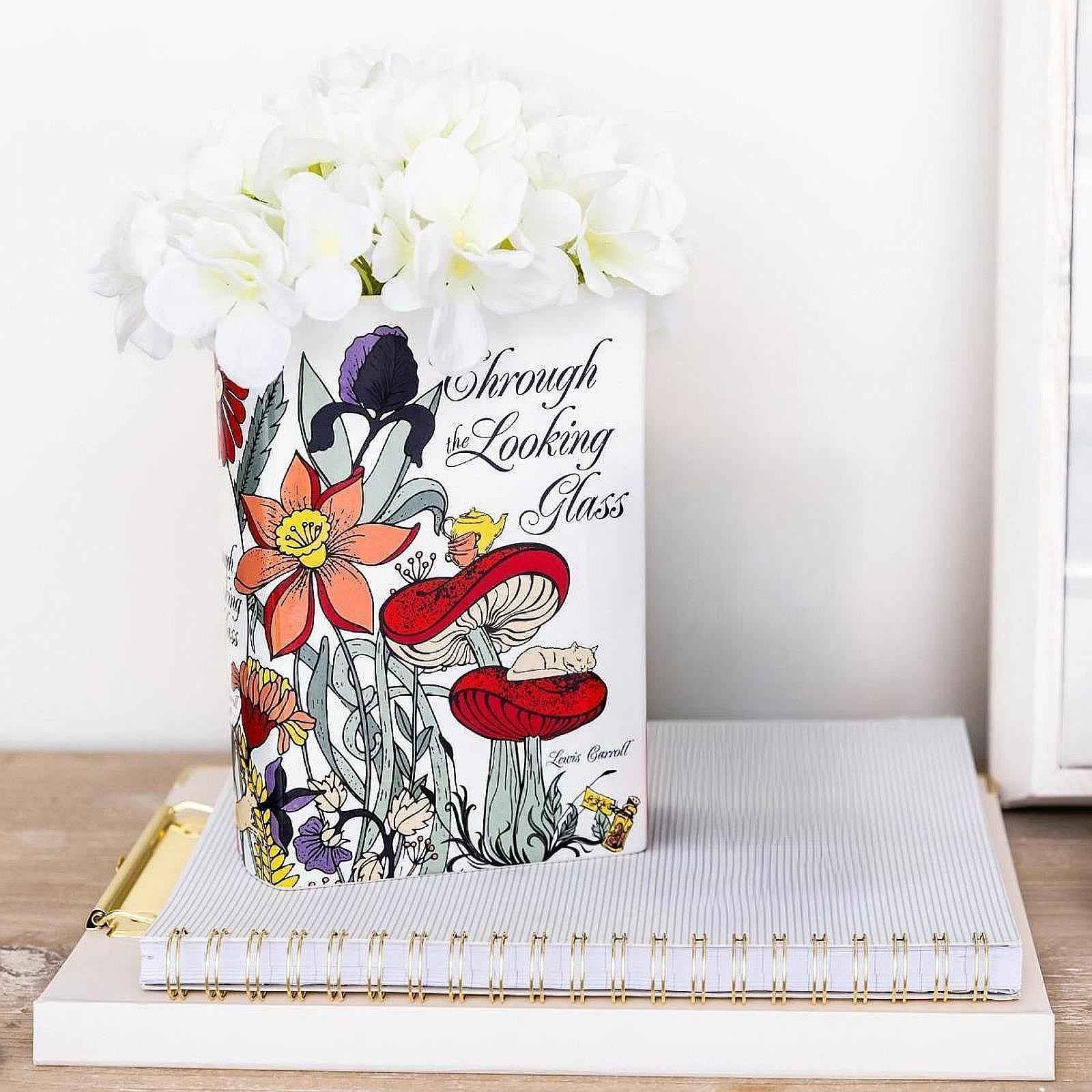 Ceramic Book Flower Vase Novelty Statue for Coffee Table Entrance TV Cabinet White