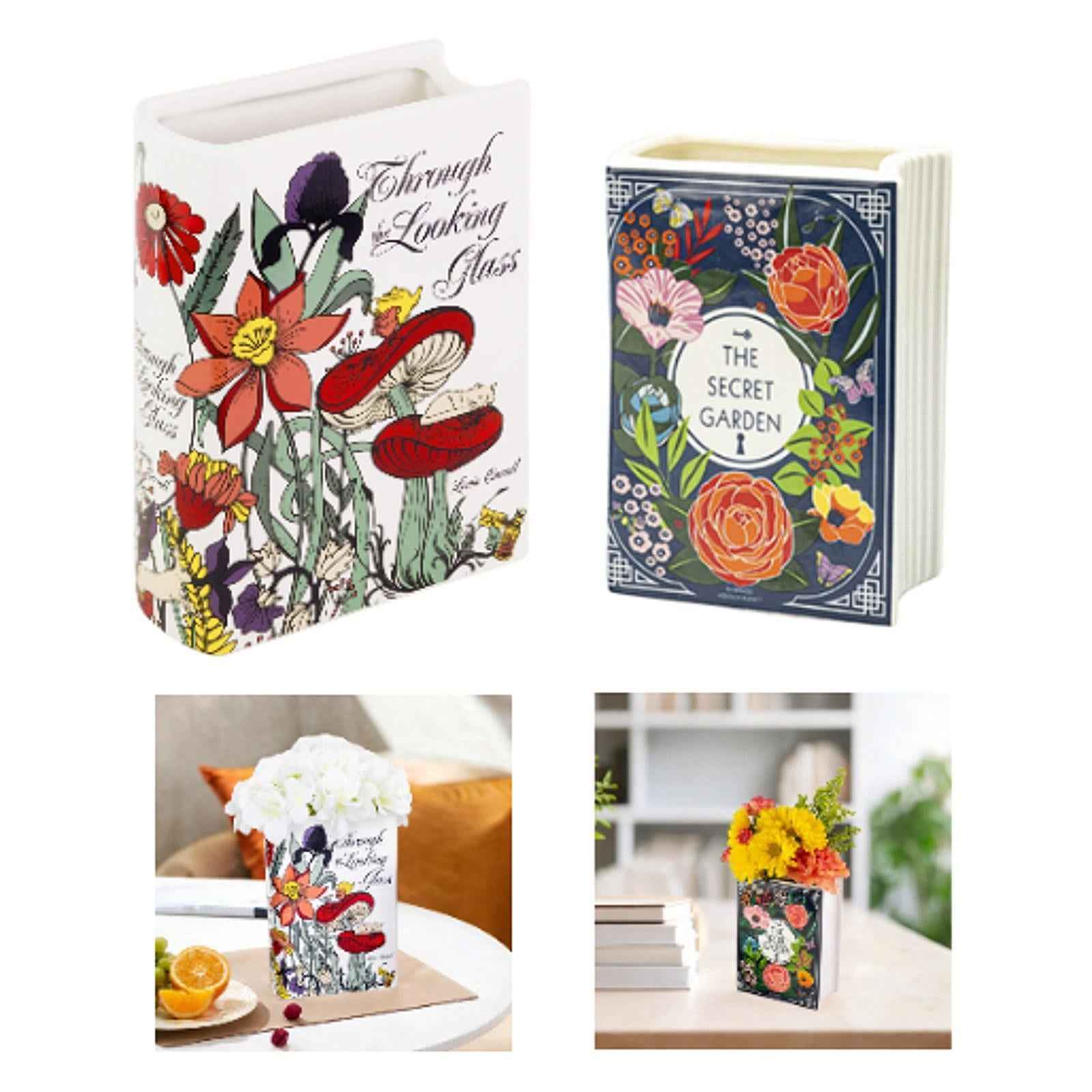 Ceramic Book Flower Vase Novelty Statue for Coffee Table Entrance TV Cabinet White