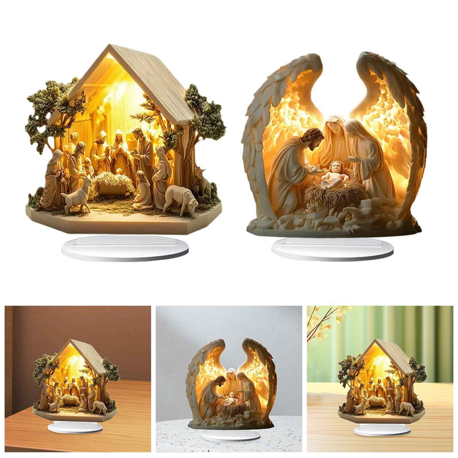 Christmas Nativity Scene Figurine Indoor Outdoor Desk Acrylic Table Ornament House 20x20cm