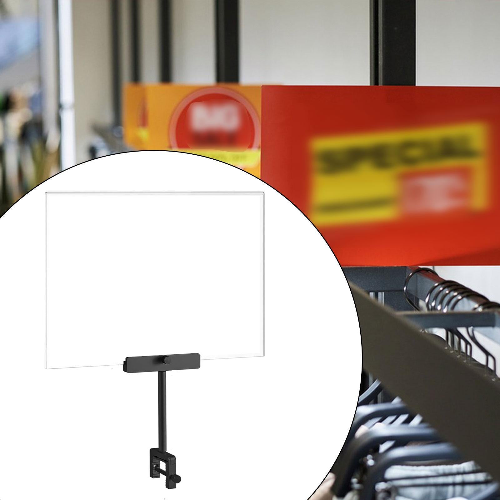Acrylic Sign Holder with Clamp for Office Hangrails and Tubes Clothing Store Black