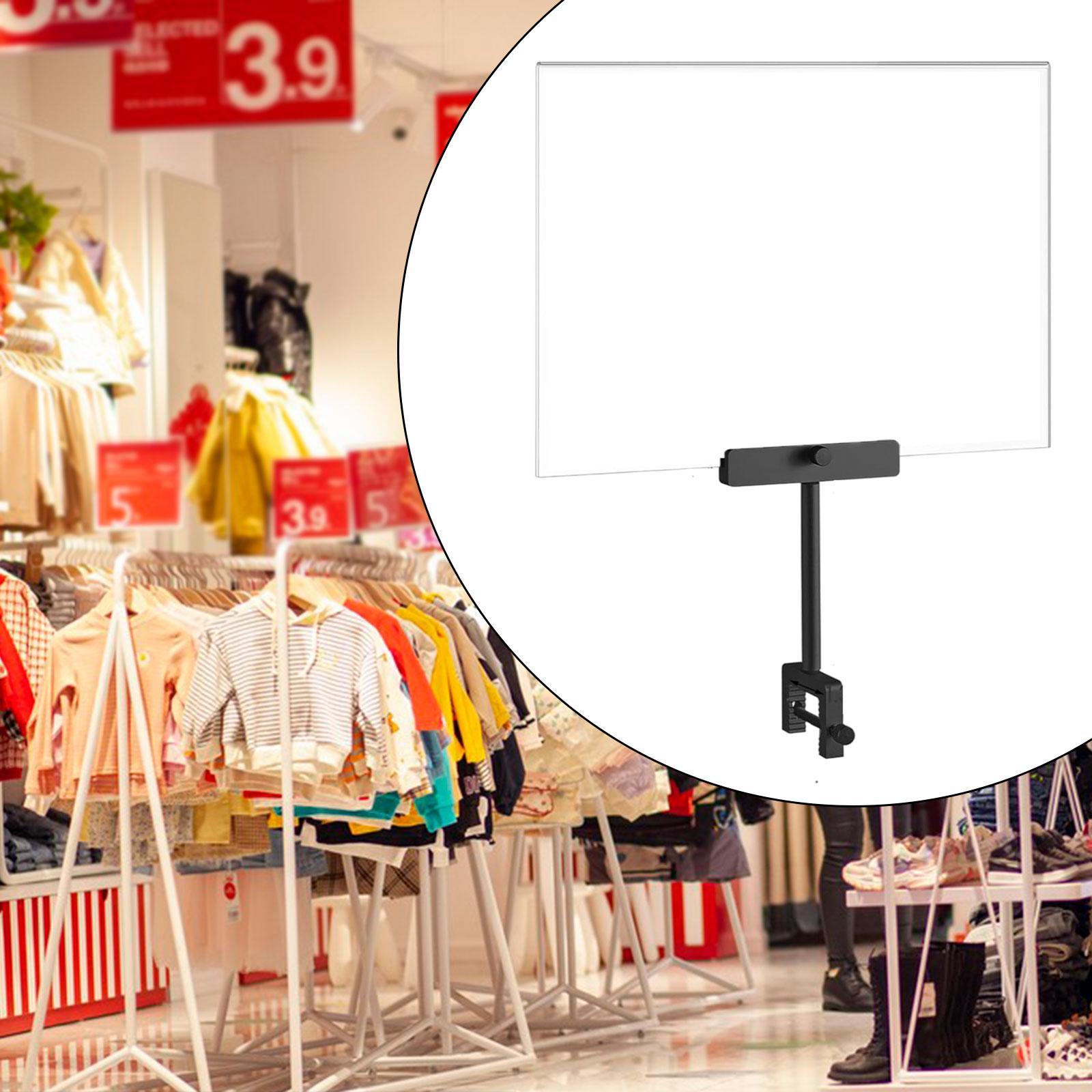 Acrylic Sign Holder with Clamp for Office Hangrails and Tubes Clothing Store Black