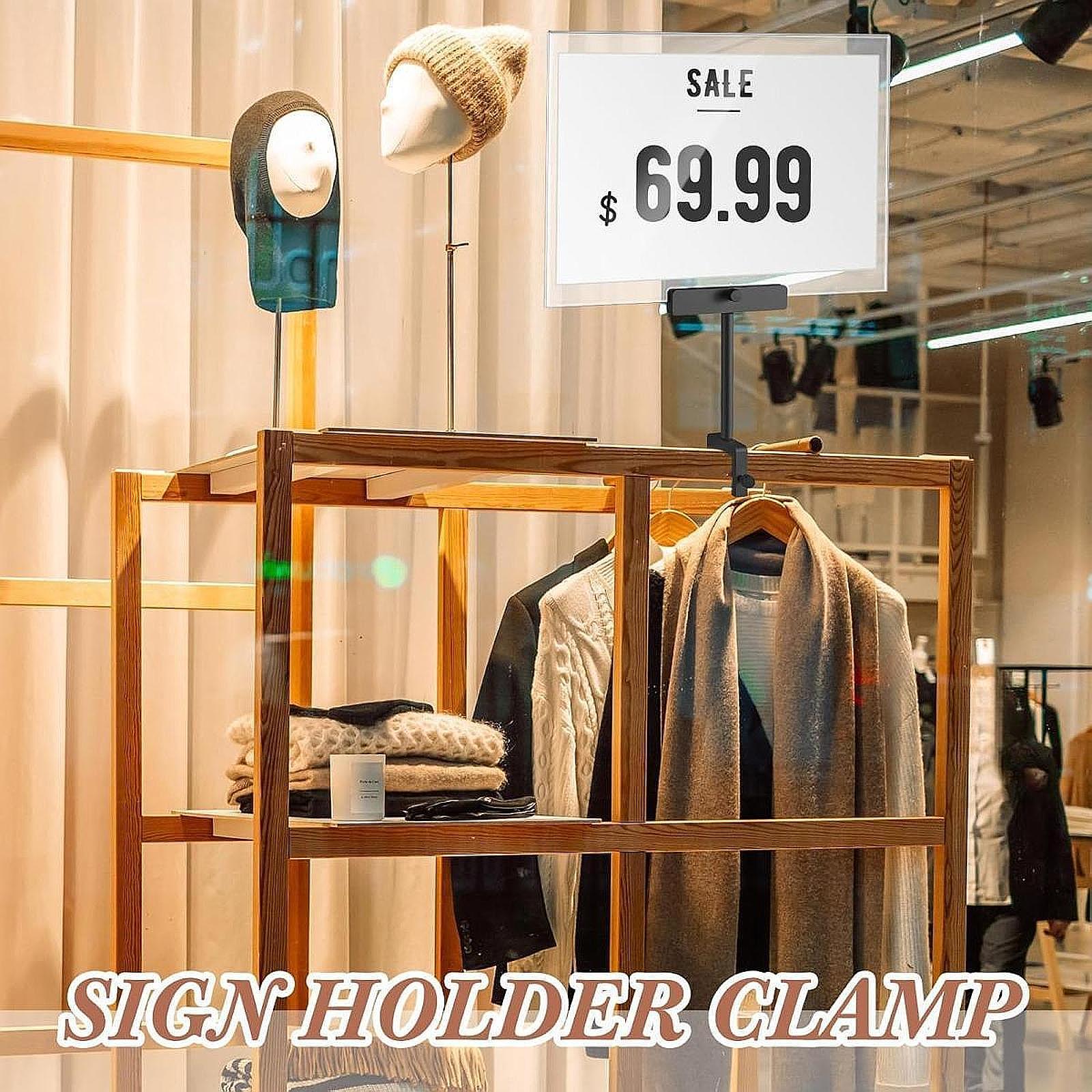 Acrylic Sign Holder with Clamp for Office Hangrails and Tubes Clothing Store Black