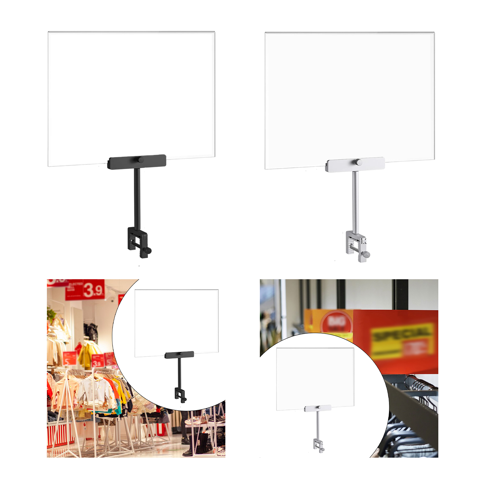Acrylic Sign Holder with Clamp for Office Hangrails and Tubes Clothing Store Black