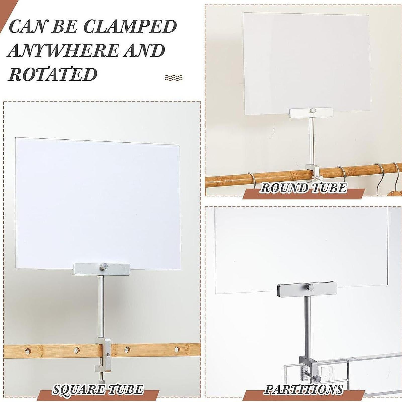 Acrylic Sign Holder with Clamp for Office Hangrails and Tubes Clothing Store Silver